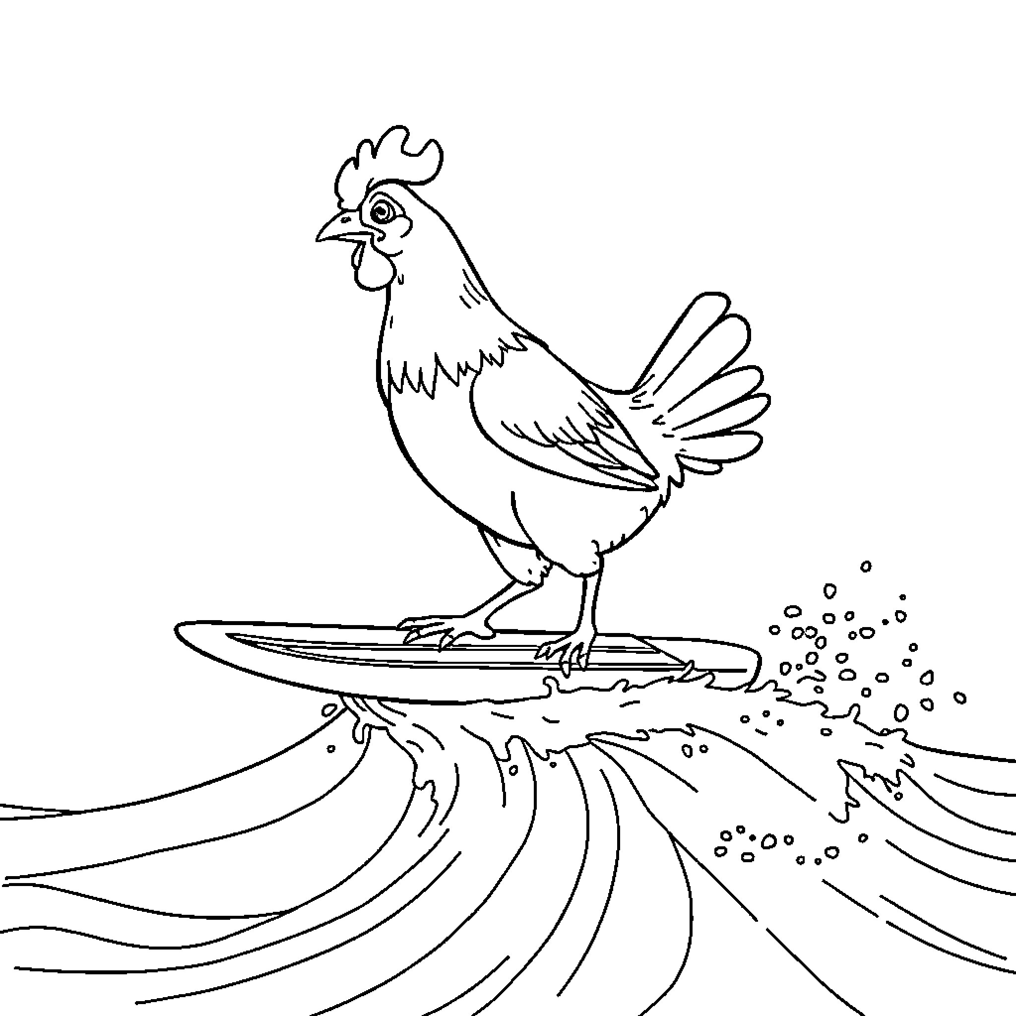 Chicken Splashing in Waves Coloring Page (free black-and-white line drawing printable PDF for all, from beginners to advanced learners, including children, teens, adults, and seniors)