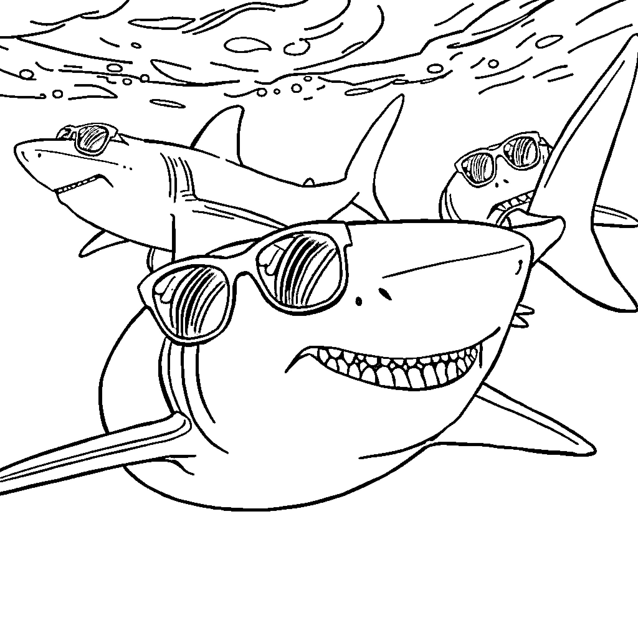 Shark family wearing sunglasses in the ocean Coloring Page (free black-and-white line drawing printable PDF for all, from beginners to advanced learners, including children, teens, adults, and seniors)