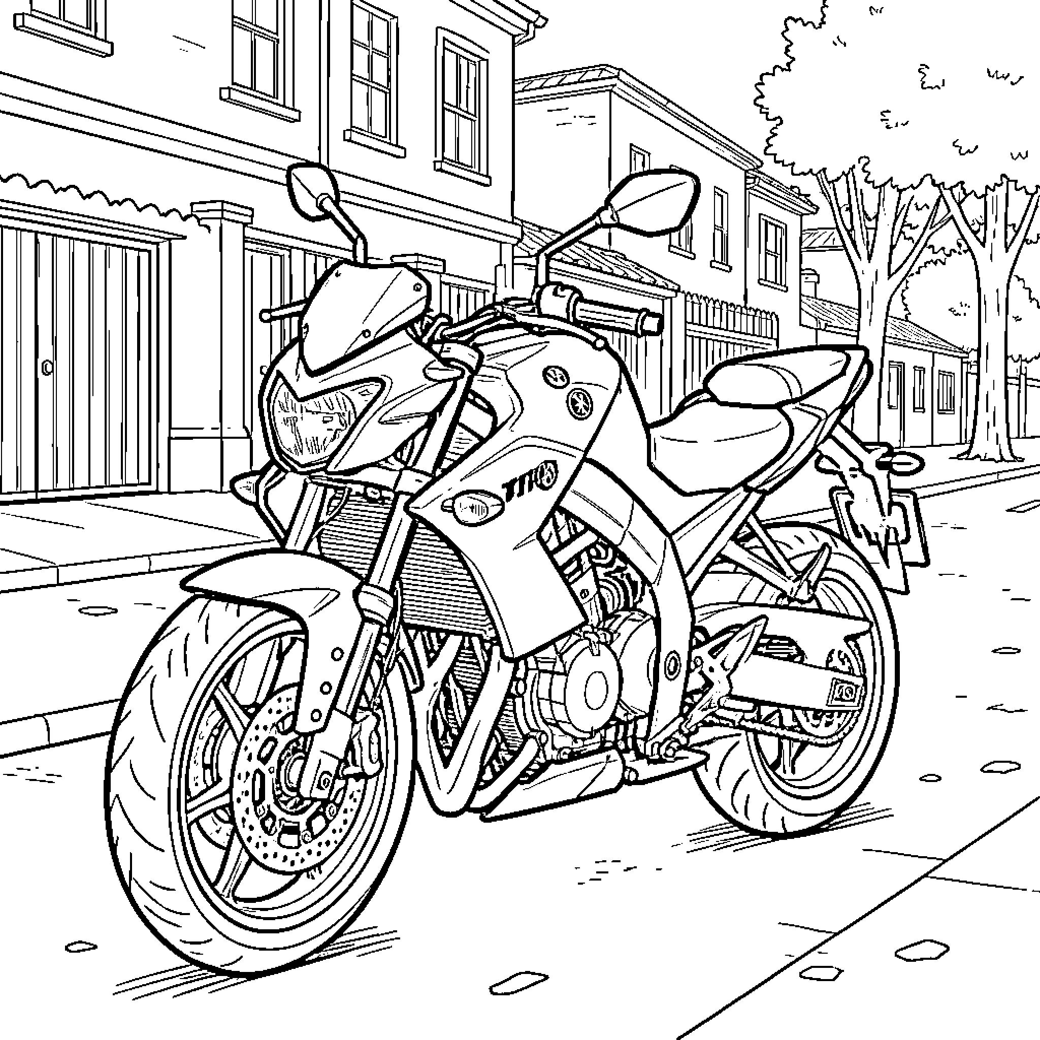 MT09 motorcycle parked on a quiet city street Coloring Page (free black-and-white line drawing printable PDF for all, from beginners to advanced learners, including children, teens, adults, and seniors)