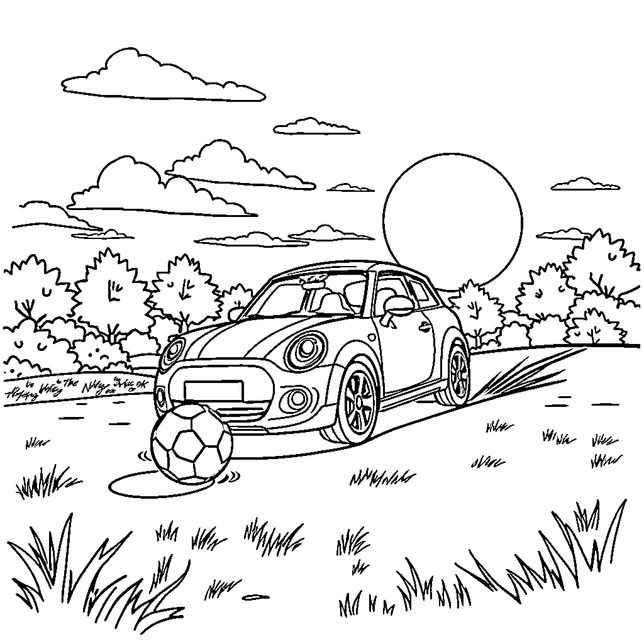 Car parked in the countryside with a soccer ball Coloring Page (free black-and-white line drawing printable PDF for all, from beginners to advanced learners, including children, teens, adults, and seniors)