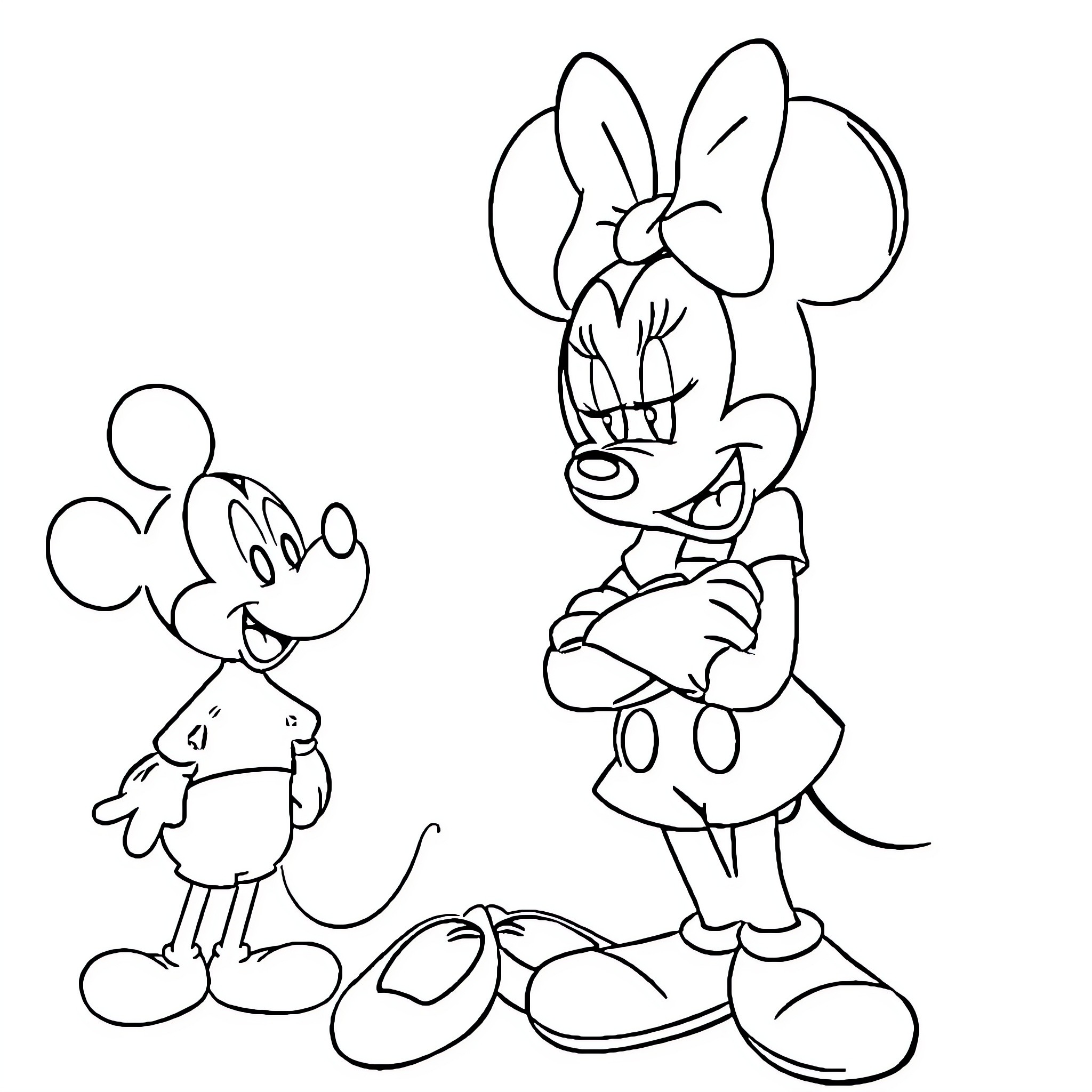 Minnie Mouse and Mickey Mouse in playful interaction Coloring Page (free black-and-white line drawing printable PDF for all, from beginners to advanced learners, including children, teens, adults, and seniors)