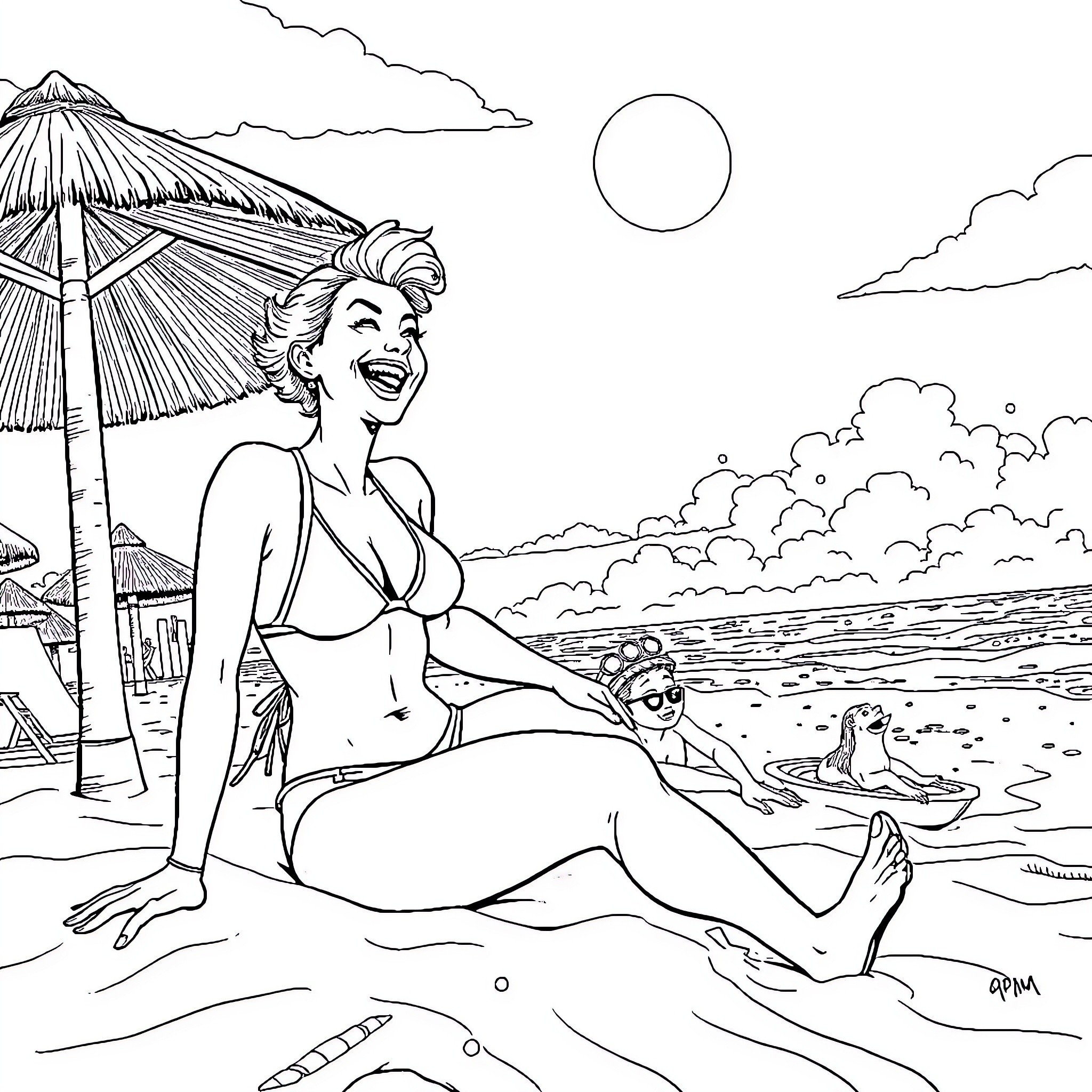 Bonnie Blue's Beachside Bliss Coloring Page (free black-and-white line drawing printable PDF for all, from beginners to advanced learners, including children, teens, adults, and seniors)