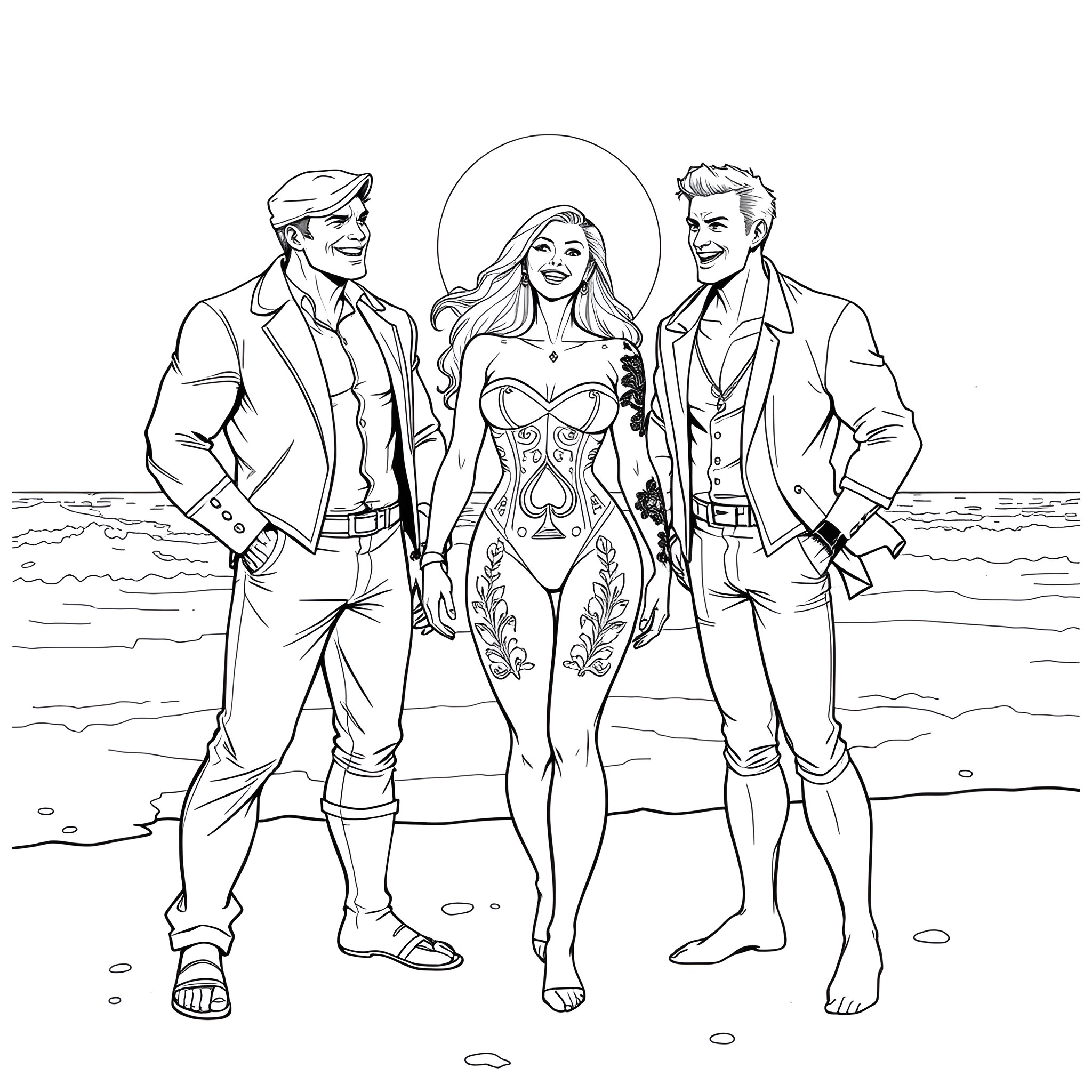 Psylocke in heroic pose with companions at the beach Coloring Page (free black-and-white line drawing printable PDF for all, from beginners to advanced learners, including children, teens, adults, and seniors)