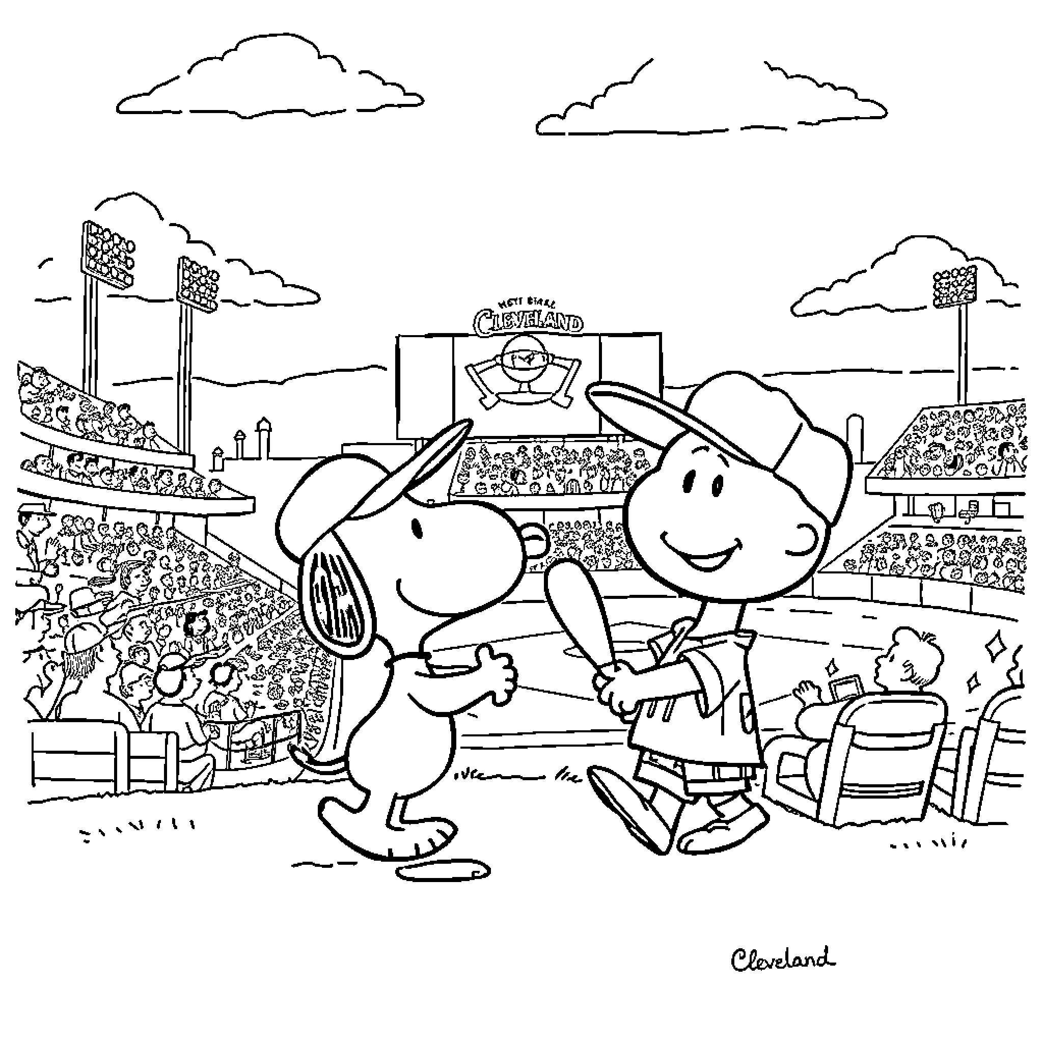Snoopy cheering at a baseball game Coloring Page (free black-and-white line drawing printable PDF for all, from beginners to advanced learners, including children, teens, adults, and seniors)