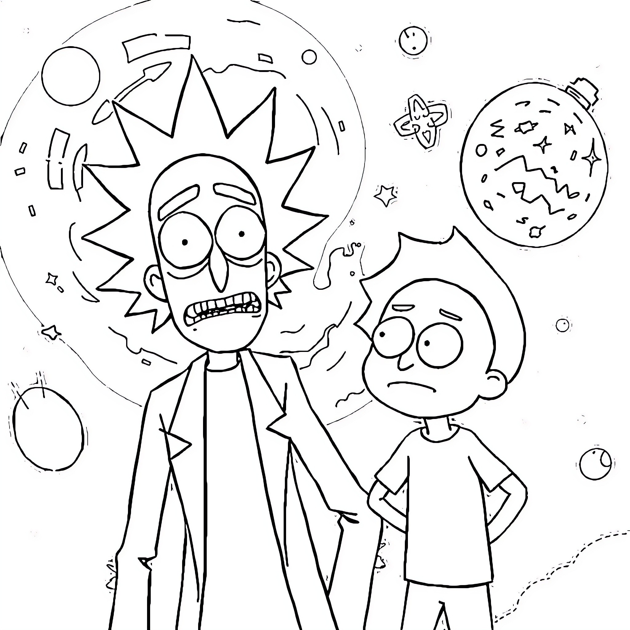 Rick And Morty's Wacky Intergalactic Adventures Coloring Page (free black-and-white line drawing printable PDF for all, from beginners to advanced learners, including children, teens, adults, and seniors)