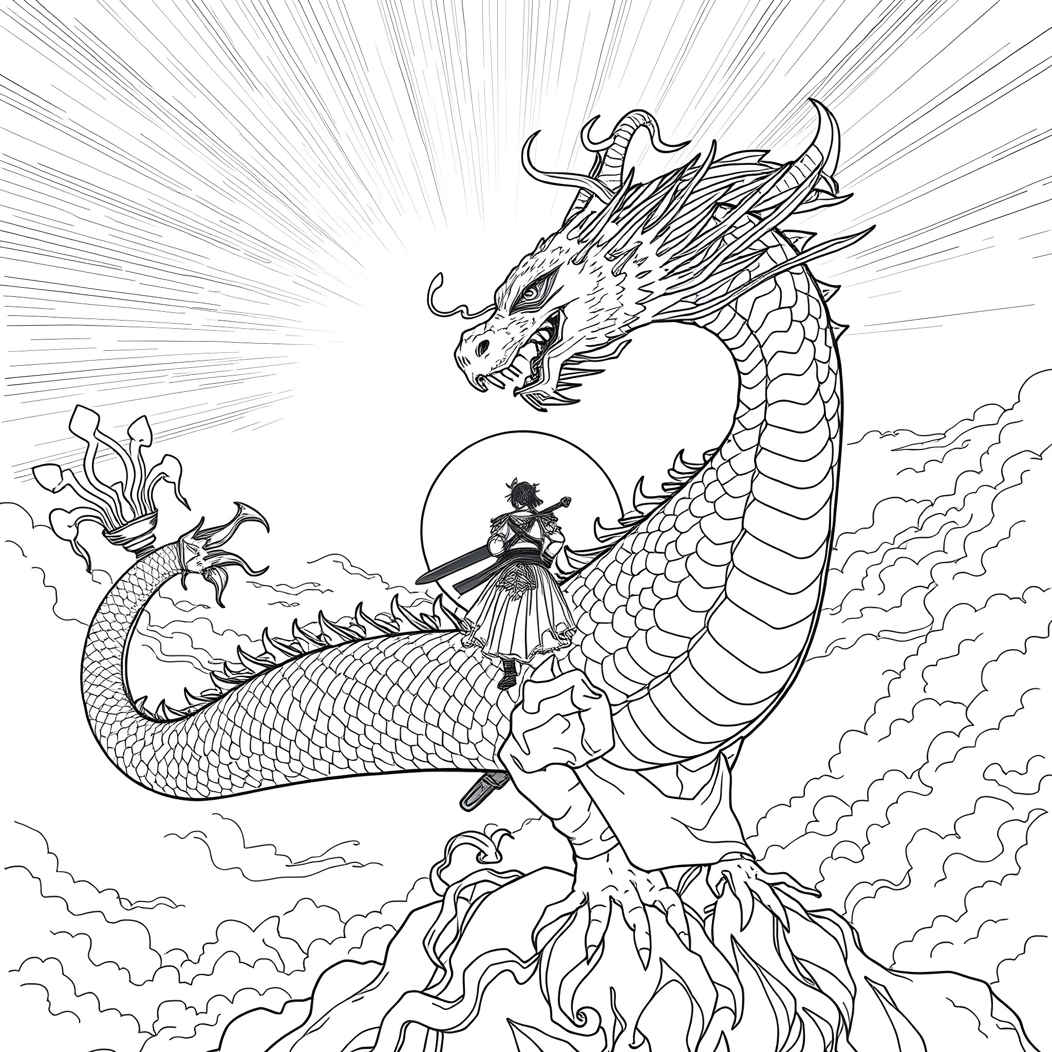 Dragon warrior battling a majestic celestial dragon Coloring Page (free black-and-white line drawing printable PDF for all, from beginners to advanced learners, including children, teens, adults, and seniors)