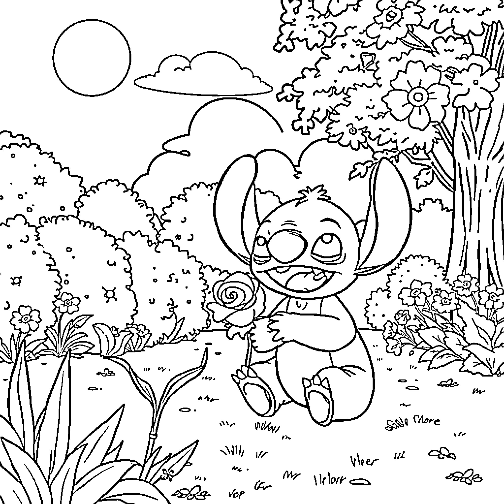 Stitch enjoying the enchanting garden landscape Coloring Page (free black-and-white line drawing printable PDF for all, from beginners to advanced learners, including children, teens, adults, and seniors)