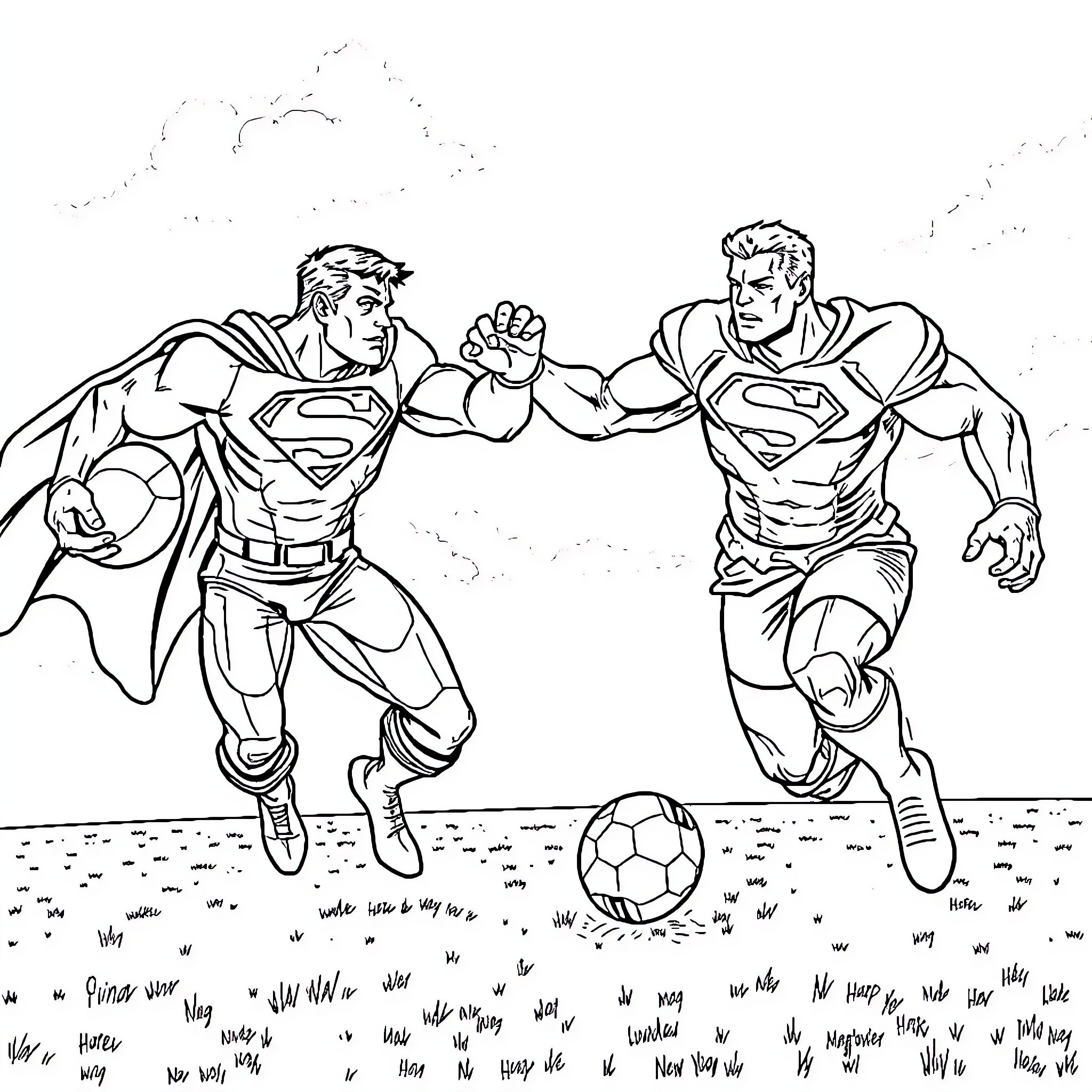 Superman arm-wrestling superhero rivals in epic showdown Coloring Page (free black-and-white line drawing printable PDF for all, from beginners to advanced learners, including children, teens, adults, and seniors)