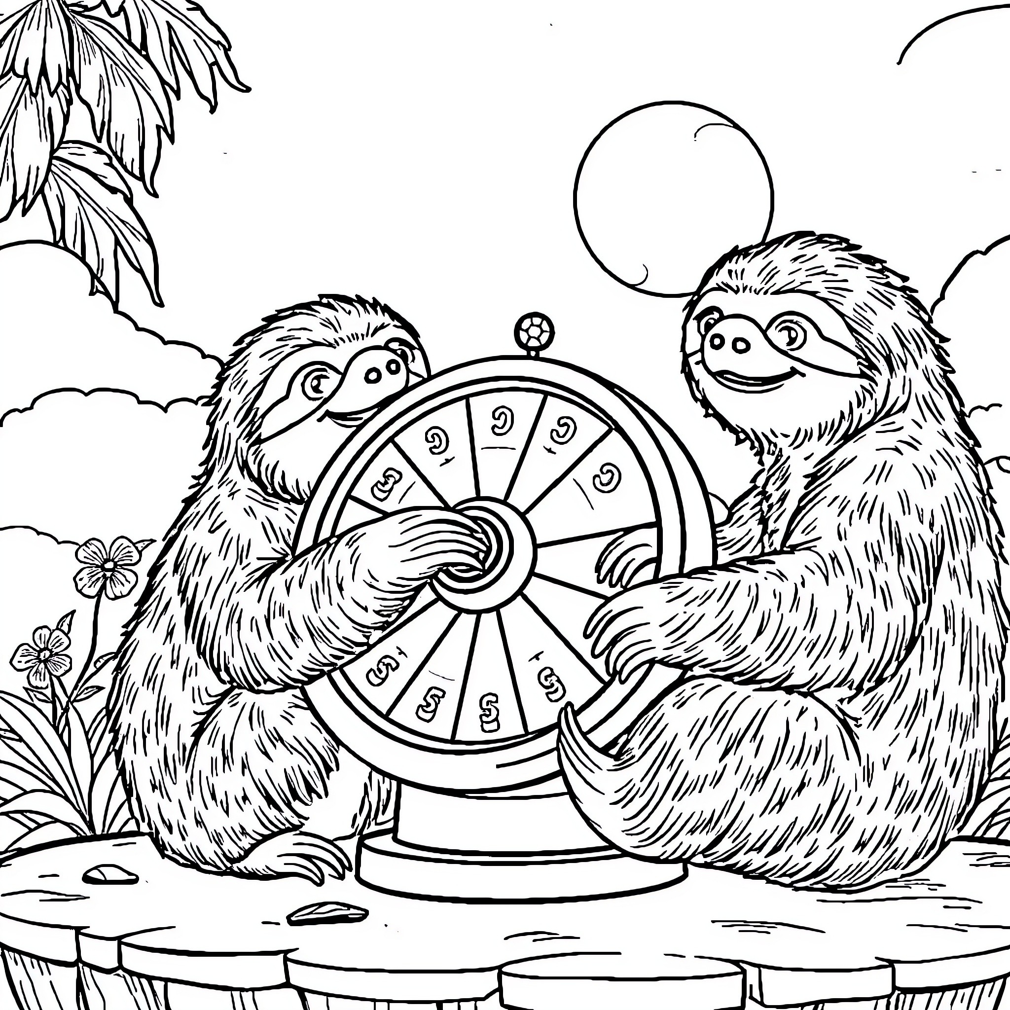 Sloth friends enjoy a friendly game night under the moonlight Coloring Page (free black-and-white line drawing printable PDF for all, from beginners to advanced learners, including children, teens, adults, and seniors)