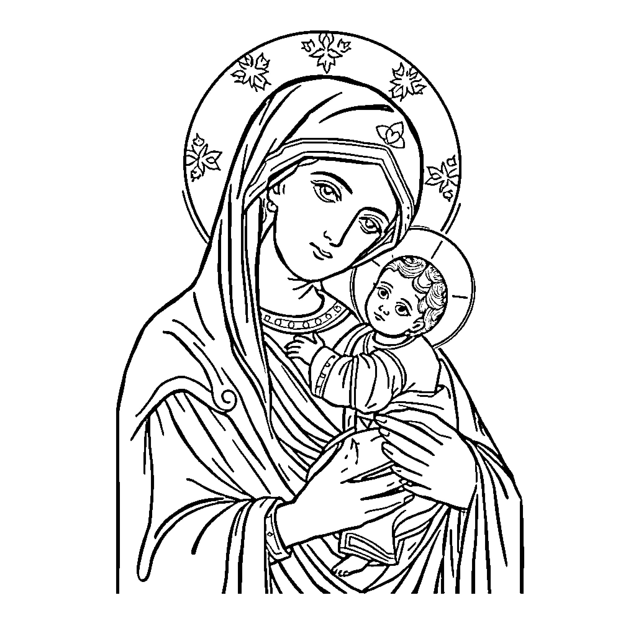 Theotokos embracing the Christ Child with tenderness Coloring Page (free black-and-white line drawing printable PDF for all, from beginners to advanced learners, including children, teens, adults, and seniors)