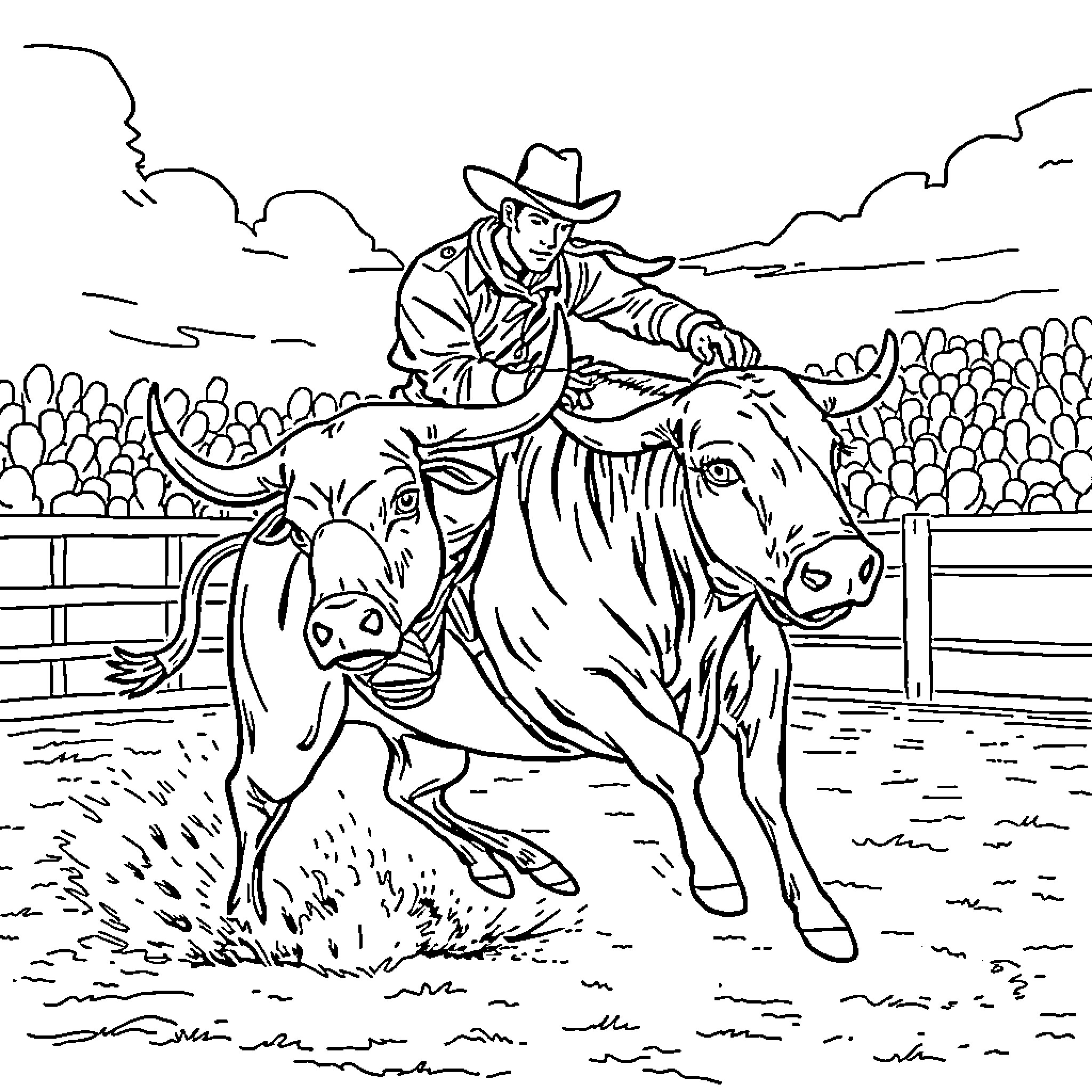 Bull Rider Performing Thrilling Rodeo Stunt Coloring Page (free black-and-white line drawing printable PDF for all, from beginners to advanced learners, including children, teens, adults, and seniors)