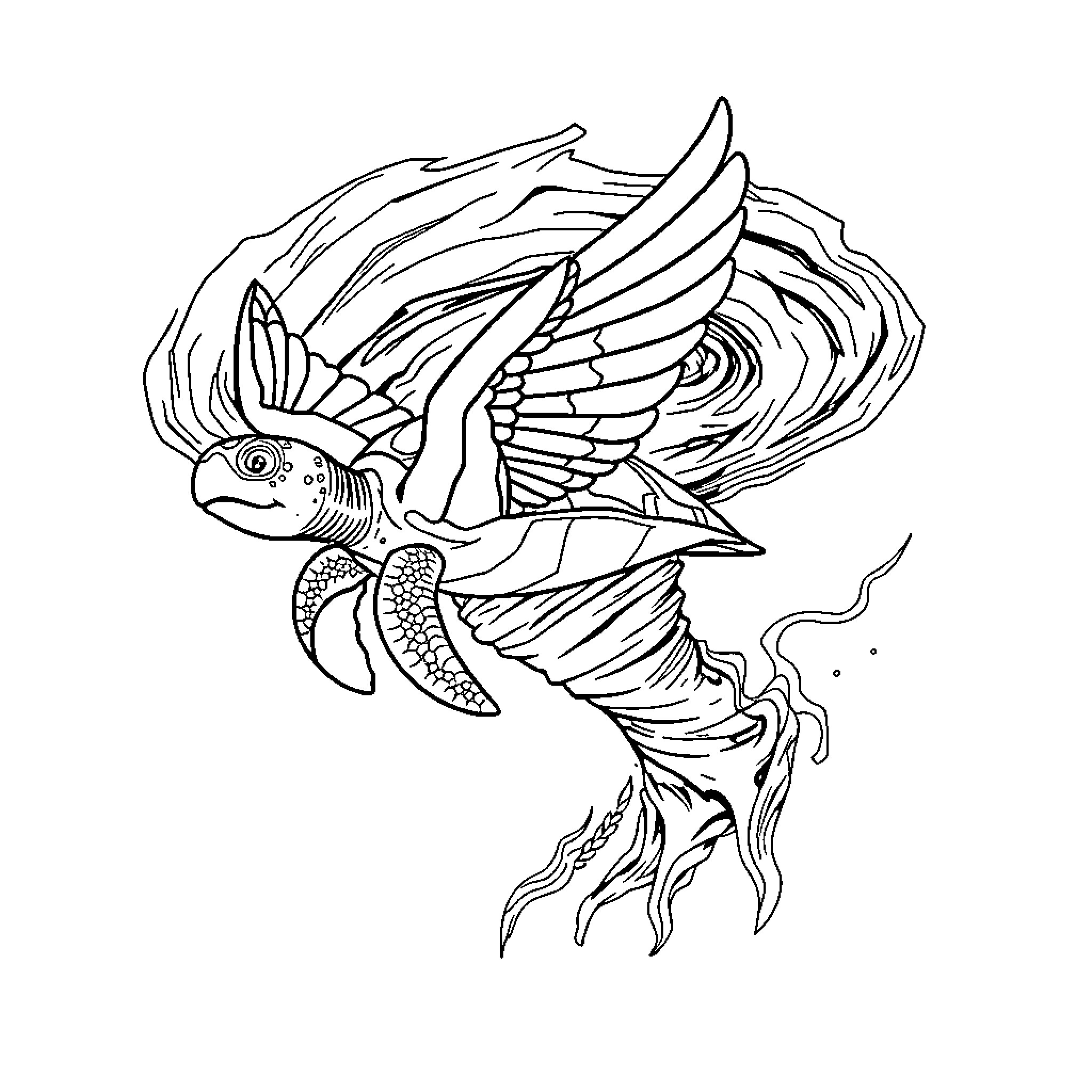 Sea Turtle soaring through the waves Coloring Page (free black-and-white line drawing printable PDF for all, from beginners to advanced learners, including children, teens, adults, and seniors)