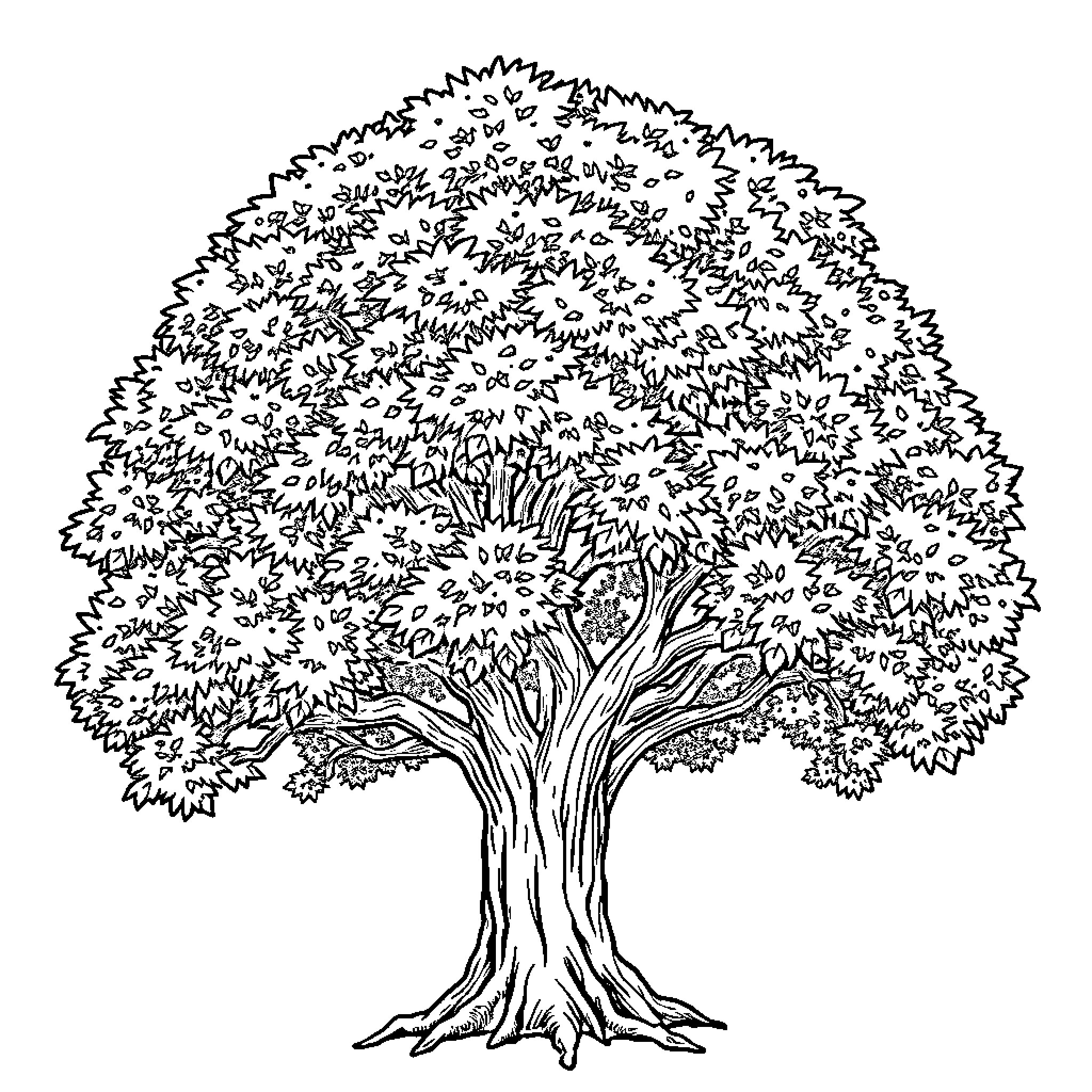 Tree with Intricate Branches and Foliage Coloring Page (free black-and-white line drawing printable PDF for all, from beginners to advanced learners, including children, teens, adults, and seniors)