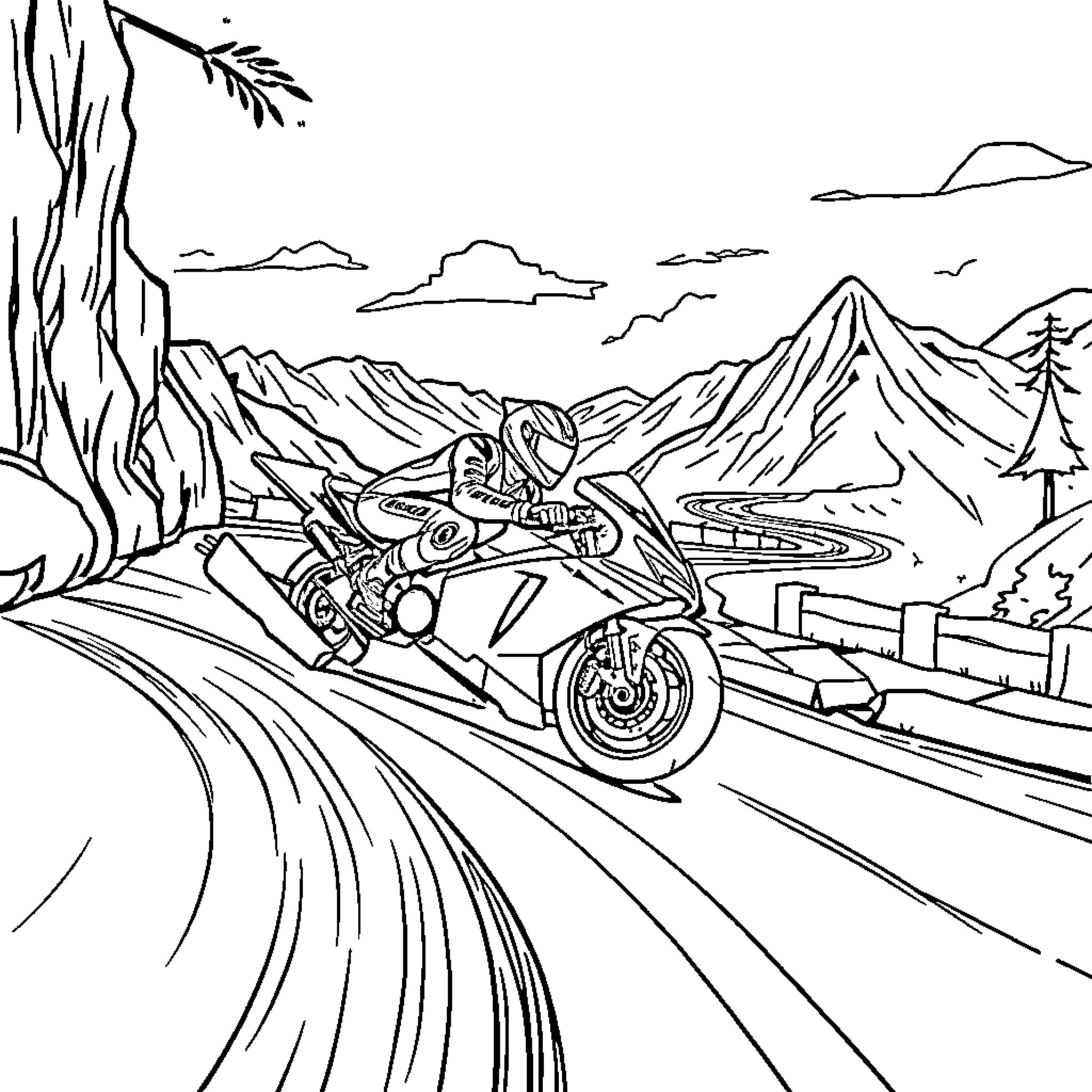 Marc Marquez racing motorcycle through winding mountain road Coloring Page (free black-and-white line drawing printable PDF for all, from beginners to advanced learners, including children, teens, adults, and seniors)