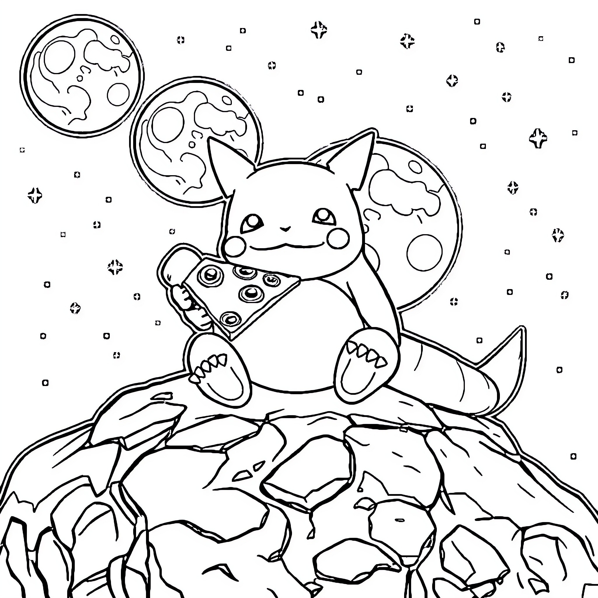 Snorlax on rocky landscape with planets Coloring Page (free black-and-white line drawing printable PDF for all, from beginners to advanced learners, including children, teens, adults, and seniors)