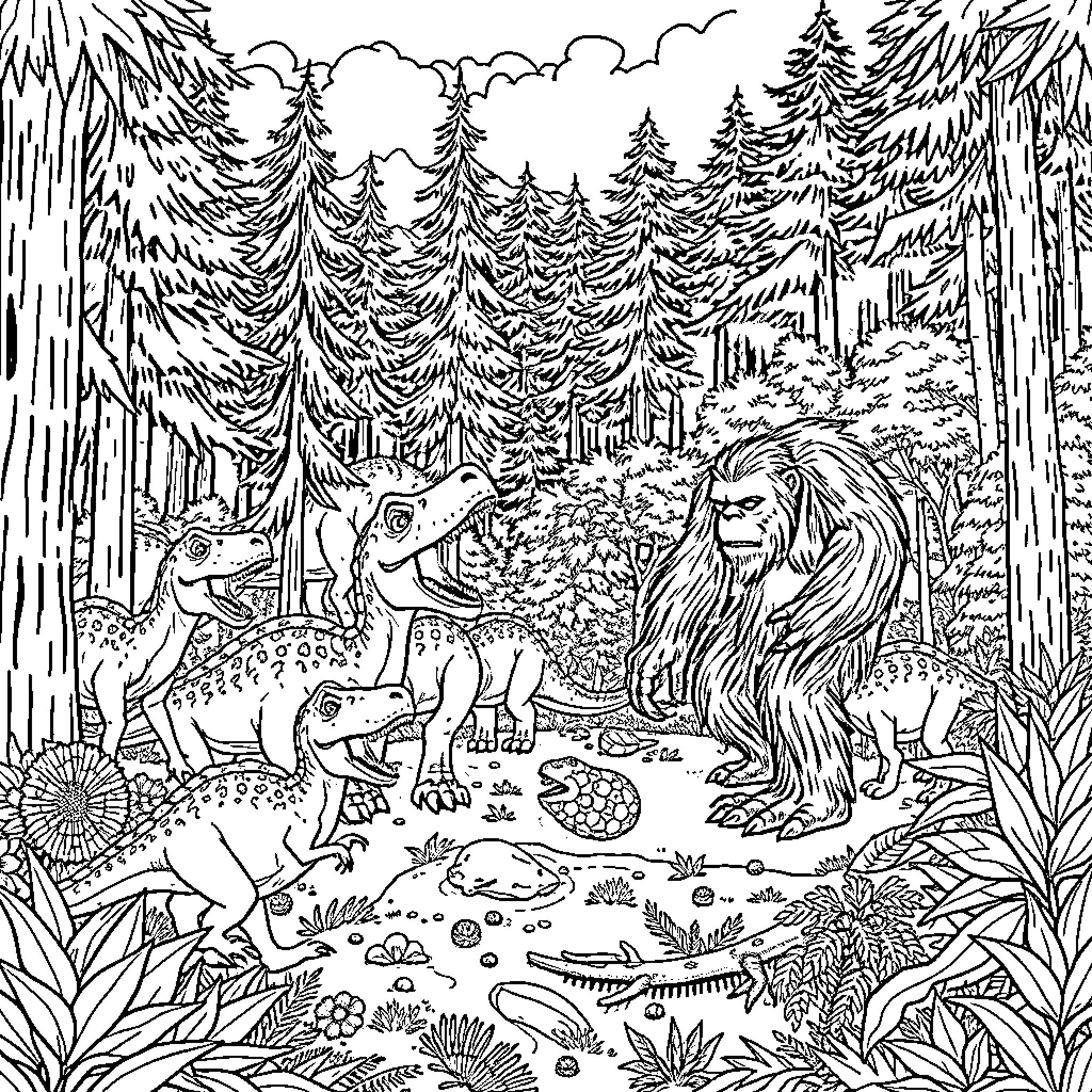 Dinosaur Gathering in a Lush Forest Coloring Page (free black-and-white line drawing printable PDF for all, from beginners to advanced learners, including children, teens, adults, and seniors)