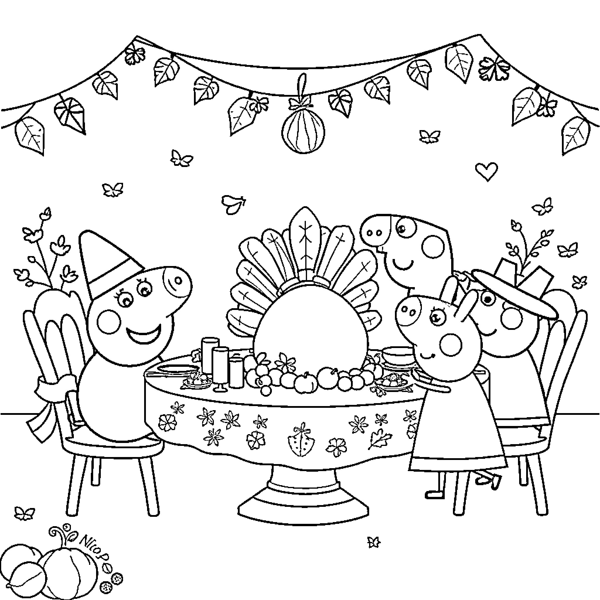 Bluey and Friends Enjoying a Cozy Autumn Celebration Coloring Page (free black-and-white line drawing printable PDF for all, from beginners to advanced learners, including children, teens, adults, and seniors)