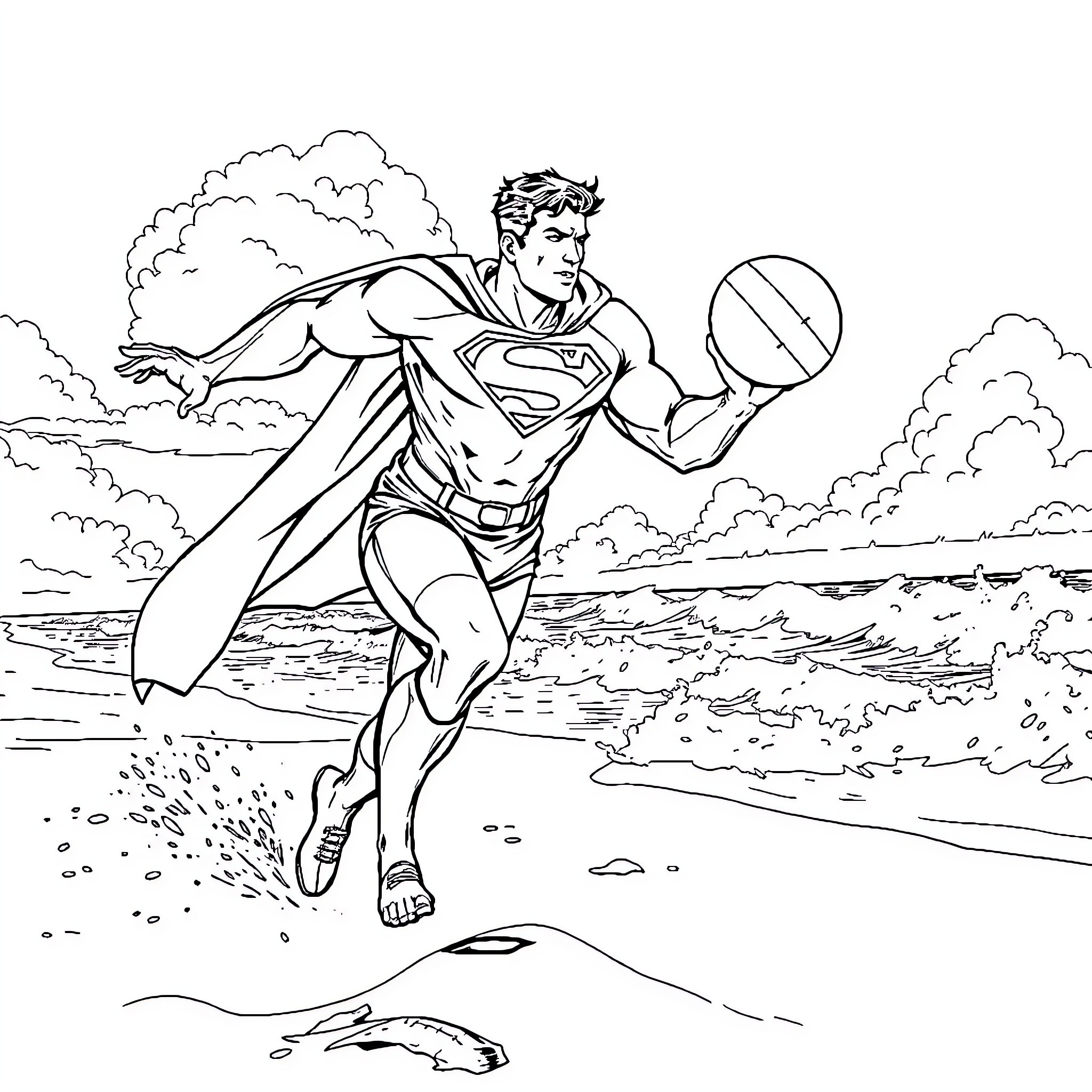 Superman soaring through the sky with a beach ball Coloring Page (free black-and-white line drawing printable PDF for all, from beginners to advanced learners, including children, teens, adults, and seniors)