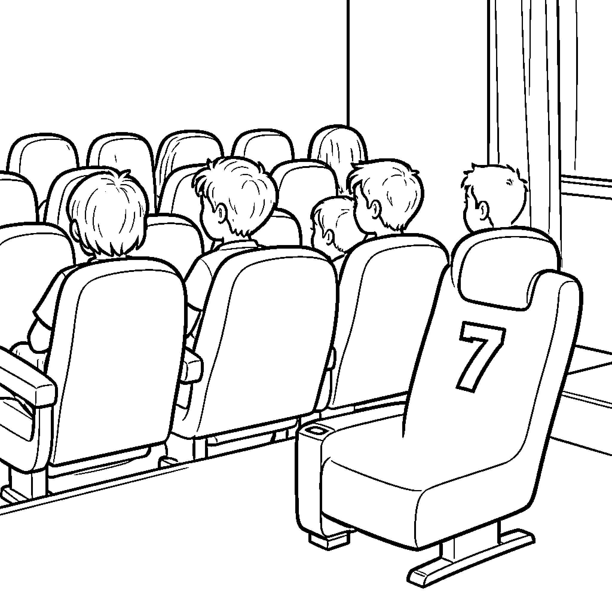 Niño sitting in a movie theater with friends Coloring Page (free black-and-white line drawing printable PDF for all, from beginners to advanced learners, including children, teens, adults, and seniors)