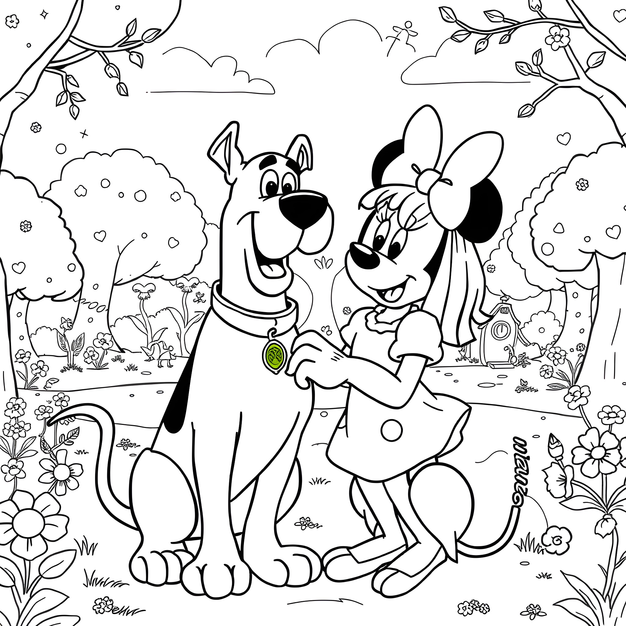 Scooby Doo and Minnie Mouse enjoying a nature adventure Coloring Page (free black-and-white line drawing printable PDF for all, from beginners to advanced learners, including children, teens, adults, and seniors)