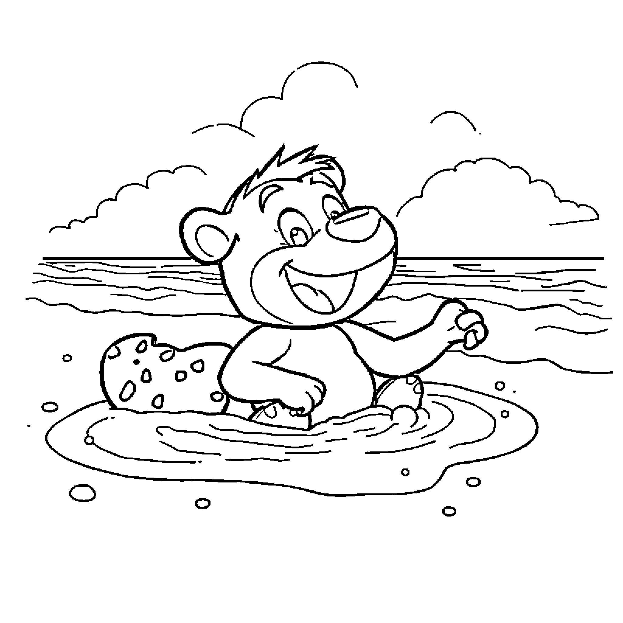 Labubu splashing happily in the ocean Coloring Page (free black-and-white line drawing printable PDF for all, from beginners to advanced learners, including children, teens, adults, and seniors)