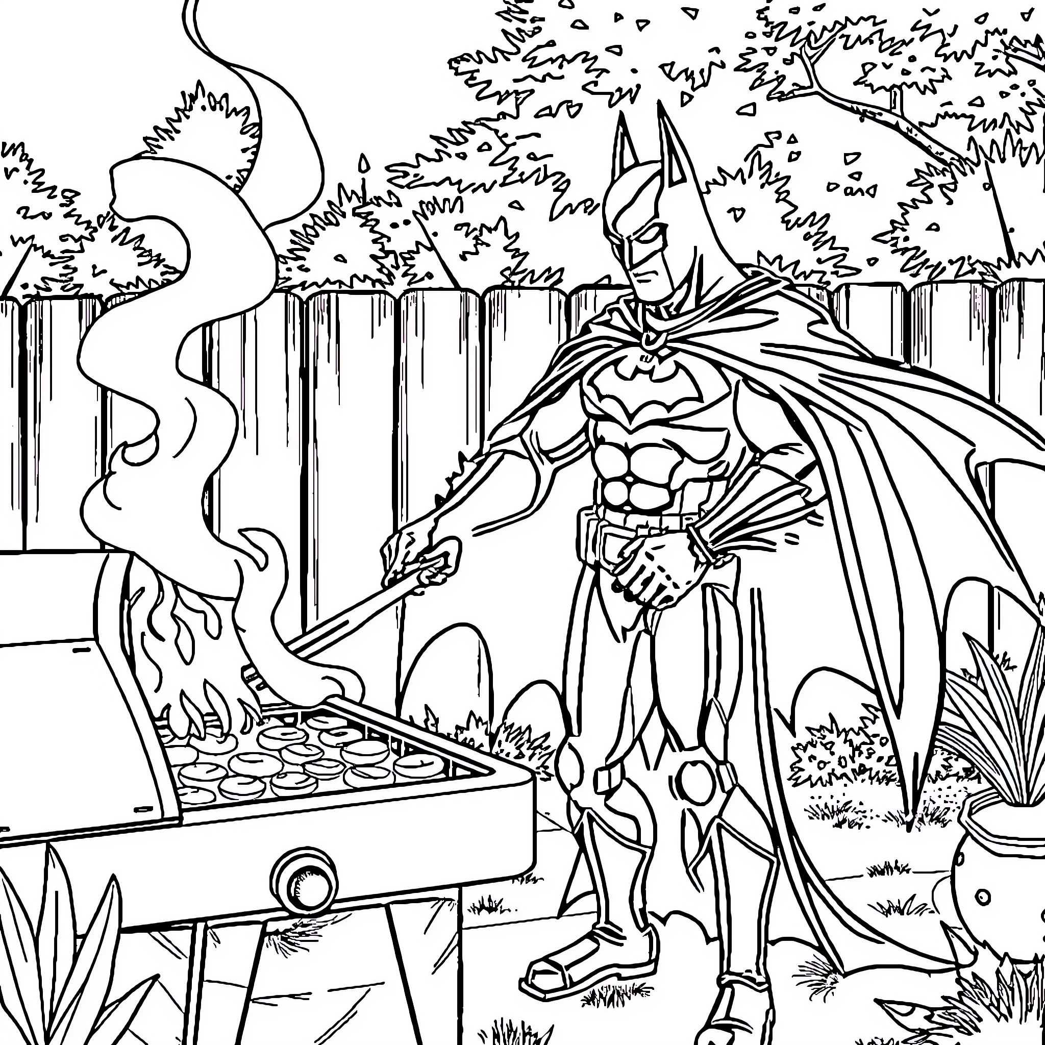 Batman Cooking on the Grill in the Backyard Coloring Page (free black-and-white line drawing printable PDF for all, from beginners to advanced learners, including children, teens, adults, and seniors)
