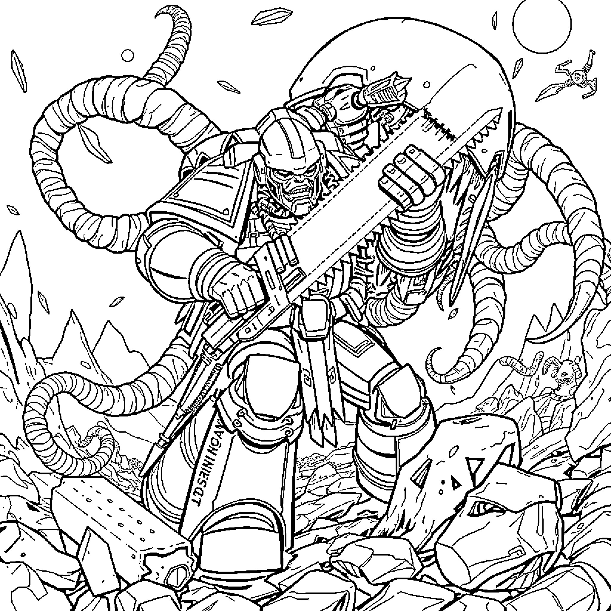 Space Marine battles ferocious alien creature Coloring Page (free black-and-white line drawing printable PDF for all, from beginners to advanced learners, including children, teens, adults, and seniors)