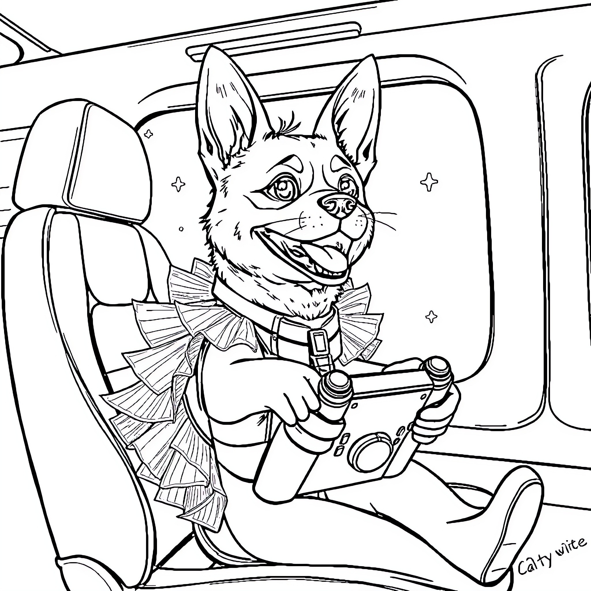 Dog Riding Happily in Car with Accessories Coloring Page (free black-and-white line drawing printable PDF for all, from beginners to advanced learners, including children, teens, adults, and seniors)