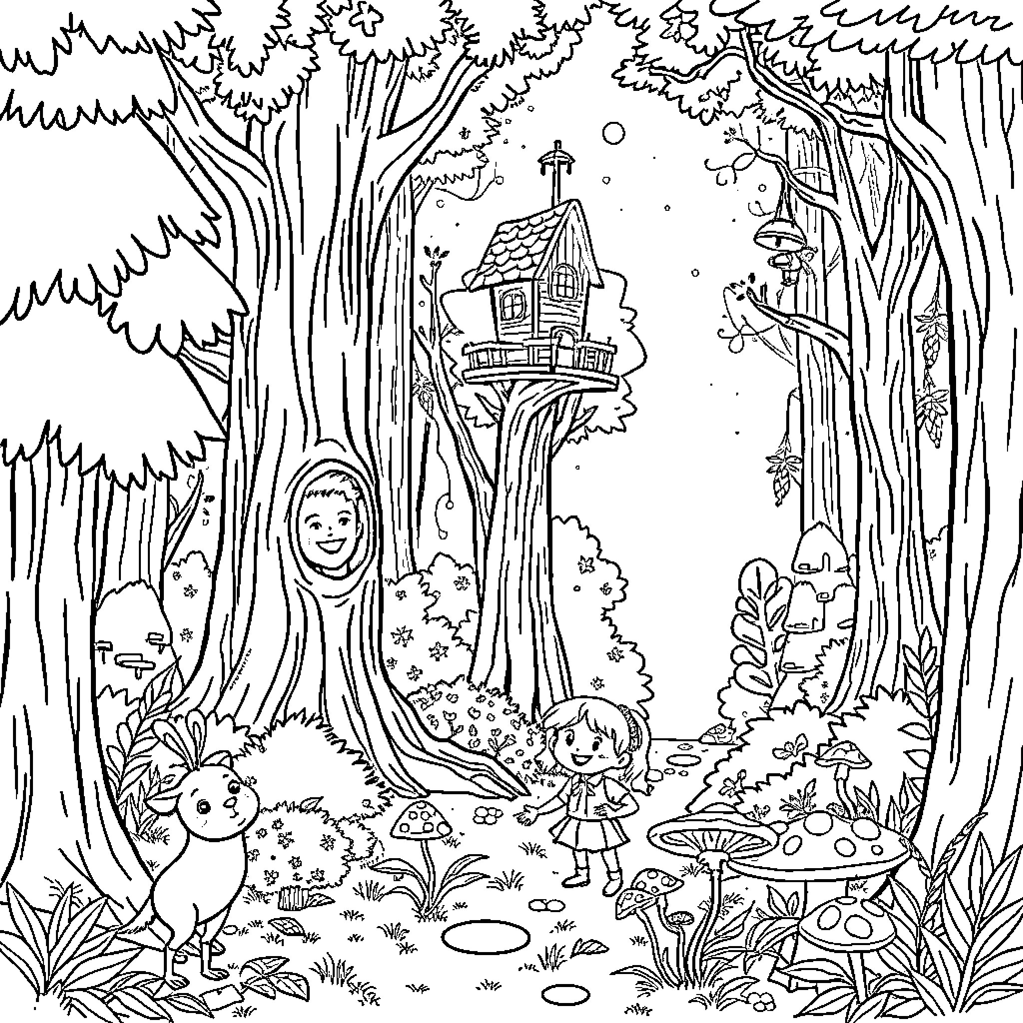 Forest Adventure: Exploring the Whimsical Treehouse Coloring Page (free black-and-white line drawing printable PDF for all, from beginners to advanced learners, including children, teens, adults, and seniors)