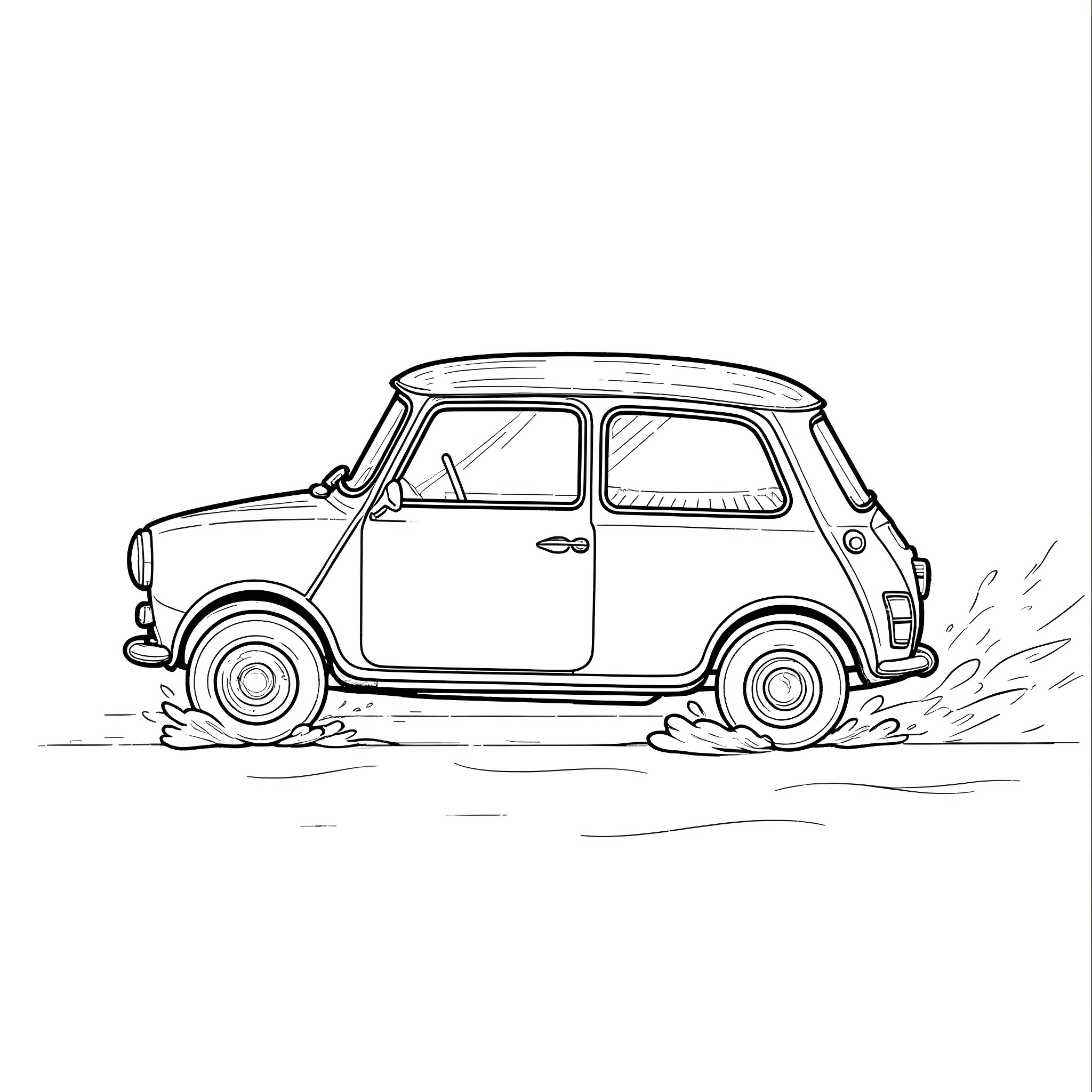 Mini Retro Car in Muddy Terrain Coloring Page (free black-and-white line drawing printable PDF for all, from beginners to advanced learners, including children, teens, adults, and seniors)