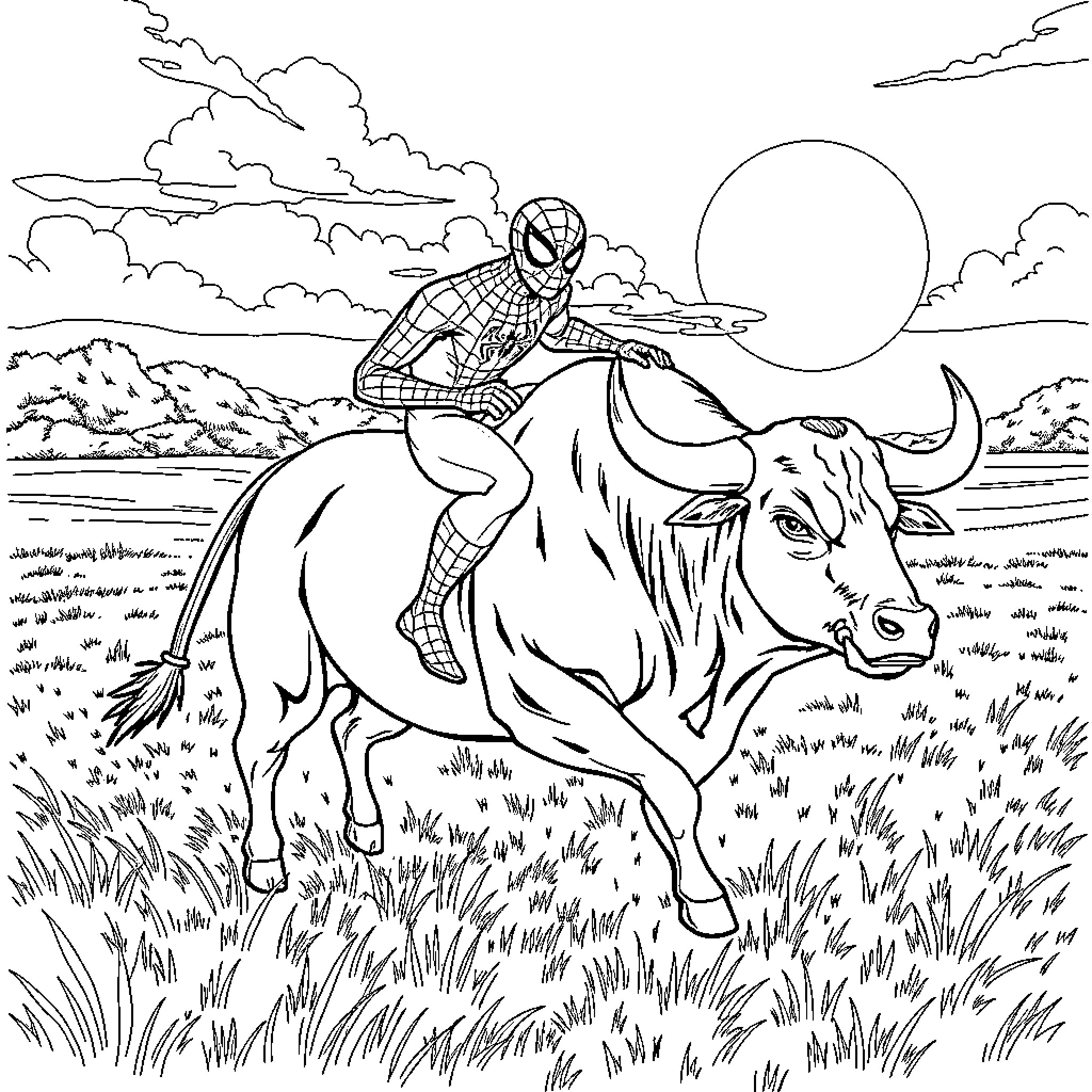 Spiderman riding a bull in a scenic landscape Coloring Page (free black-and-white line drawing printable PDF for all, from beginners to advanced learners, including children, teens, adults, and seniors)
