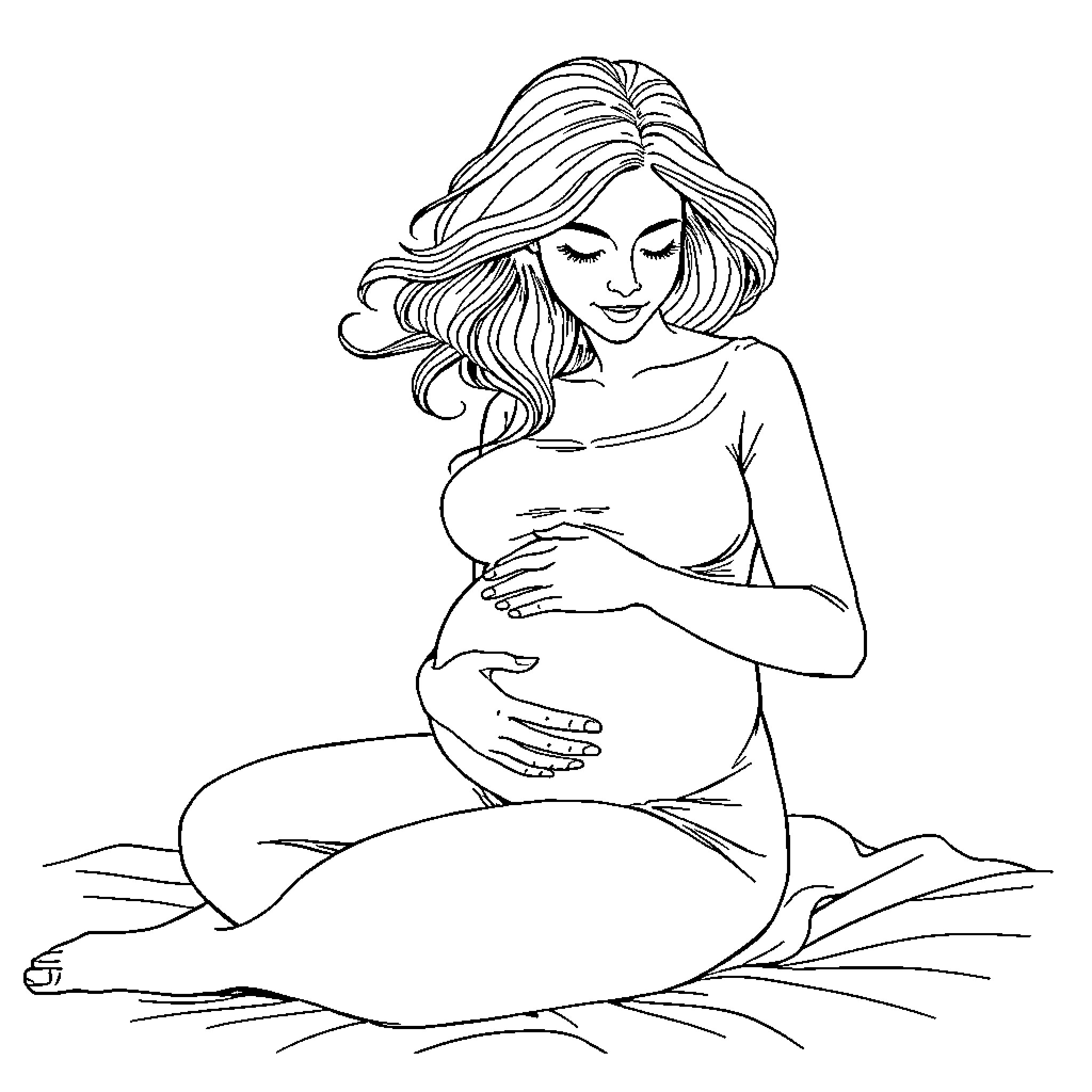 Pregnant Woman Resting Peacefully Coloring Page (free black-and-white line drawing printable PDF for all, from beginners to advanced learners, including children, teens, adults, and seniors)