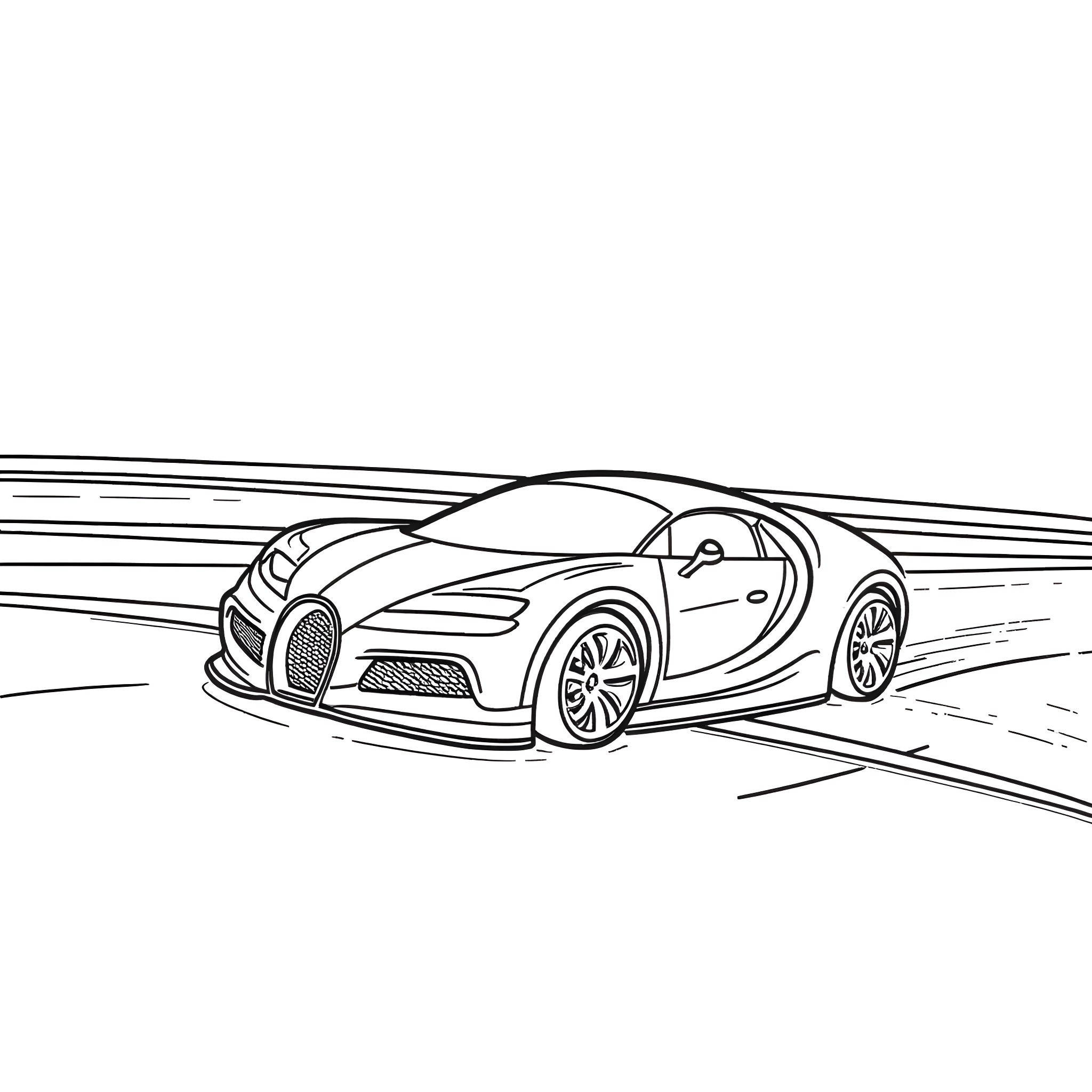 Bugatti supercar speeding through the racetrack Coloring Page (free black-and-white line drawing printable PDF for all, from beginners to advanced learners, including children, teens, adults, and seniors)