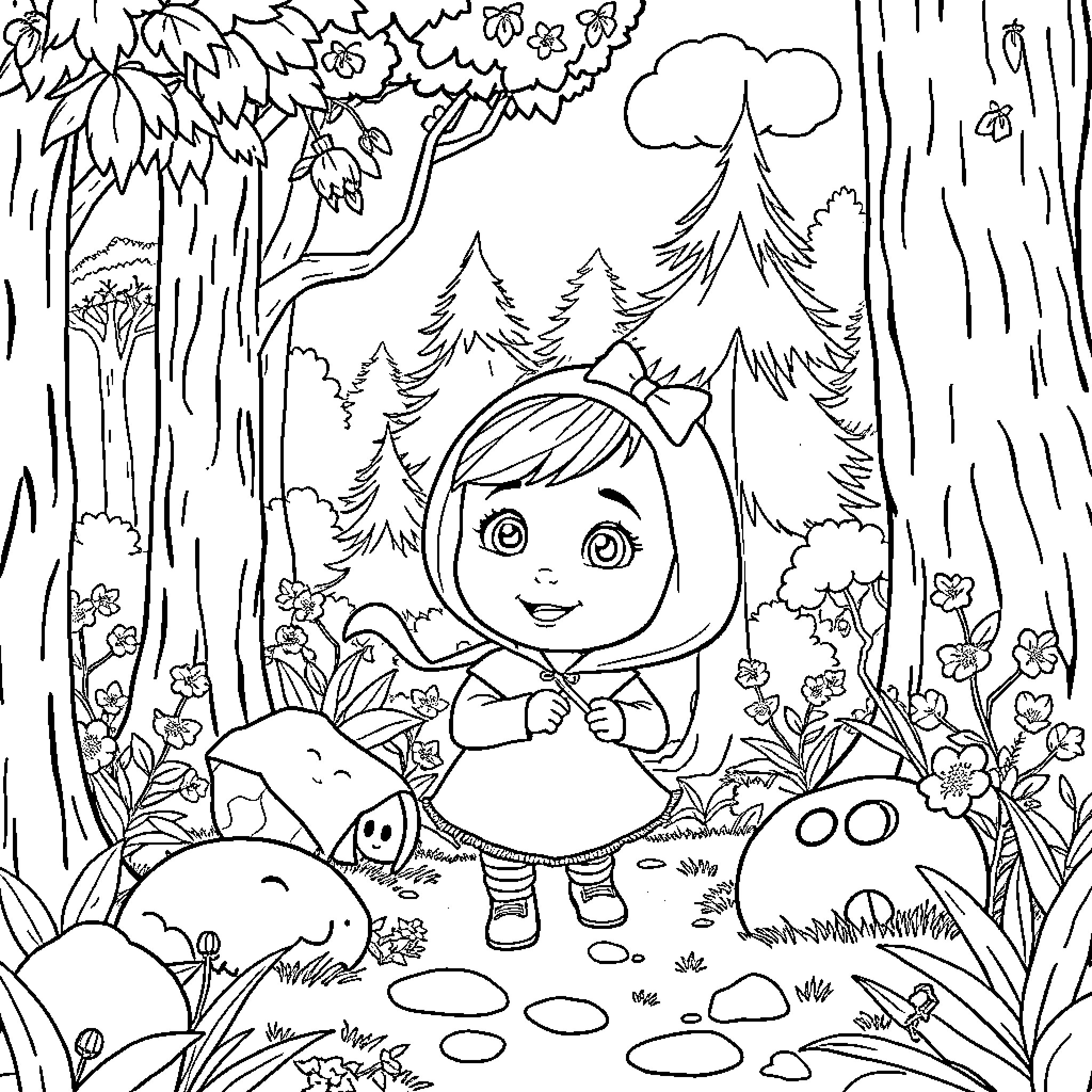 Masha exploring the enchanting forest with friends Coloring Page (free black-and-white line drawing printable PDF for all, from beginners to advanced learners, including children, teens, adults, and seniors)