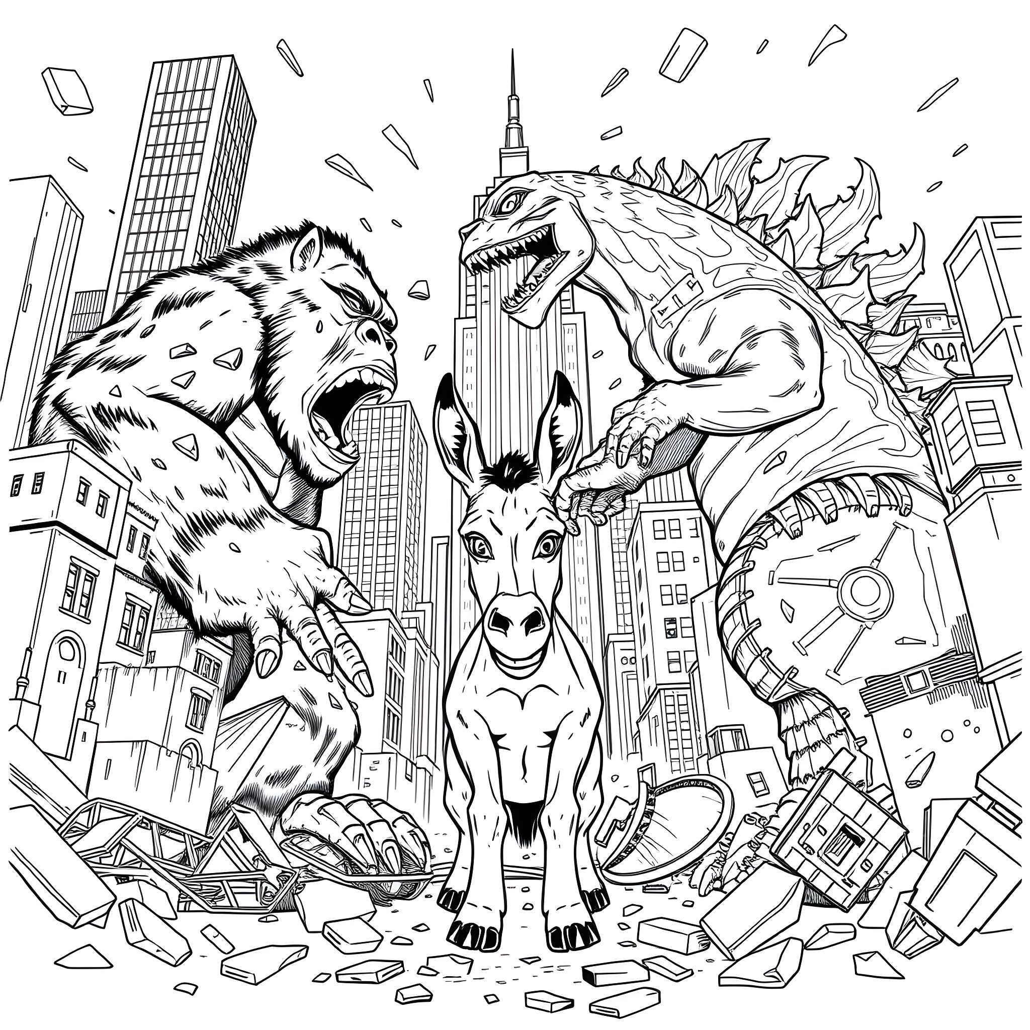 King Kong and Godzilla Destroying City Coloring Page (free black-and-white line drawing printable PDF for all, from beginners to advanced learners, including children, teens, adults, and seniors)