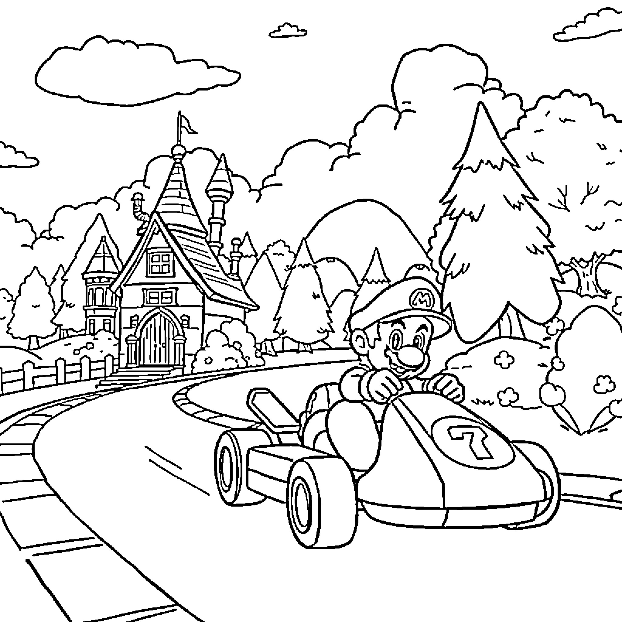 Mario Kart Racing Through a Fantasy Landscape Coloring Page (free black-and-white line drawing printable PDF for all, from beginners to advanced learners, including children, teens, adults, and seniors)