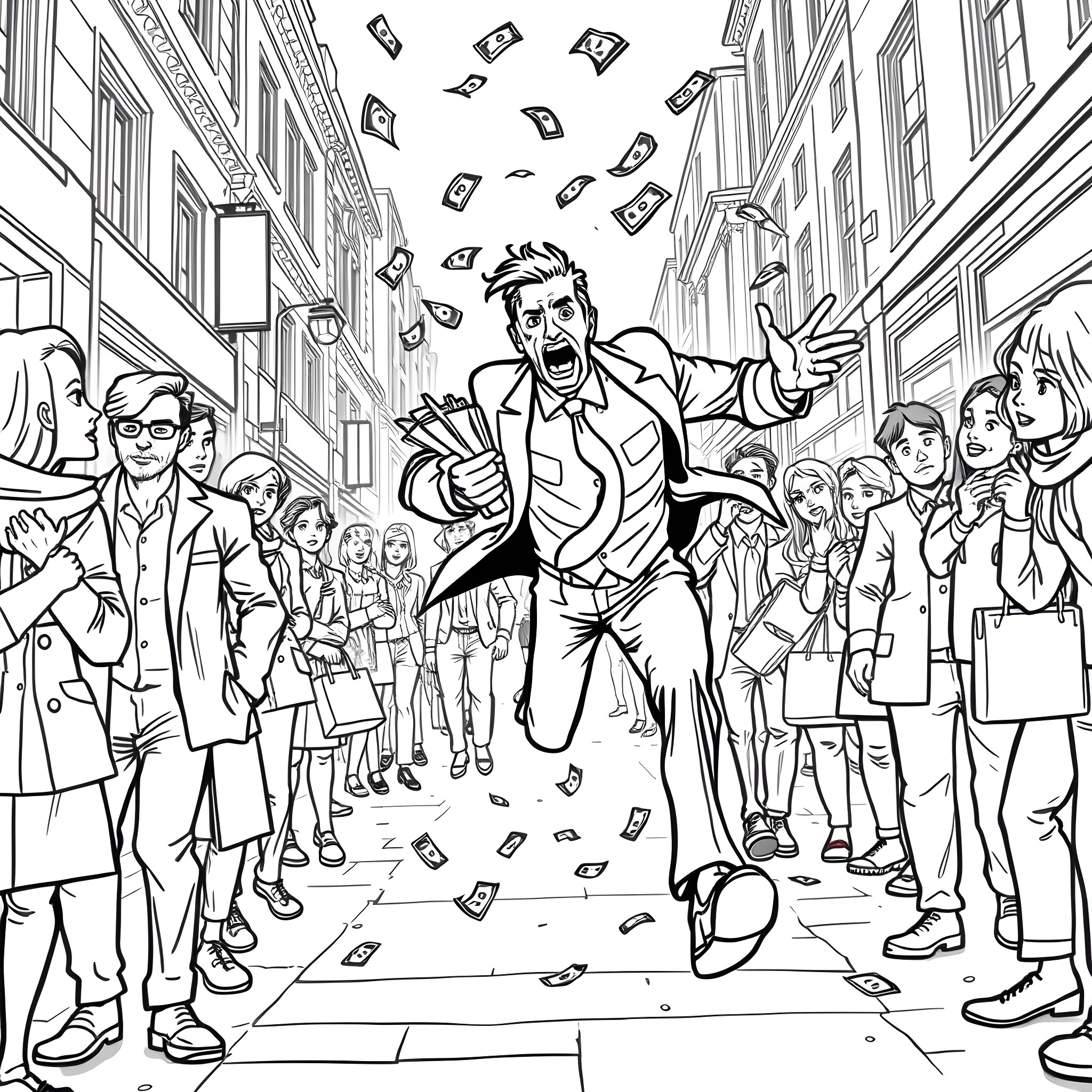 Banker in a Frenzy of Flying Money Coloring Page (free black-and-white line drawing printable PDF for all, from beginners to advanced learners, including children, teens, adults, and seniors)