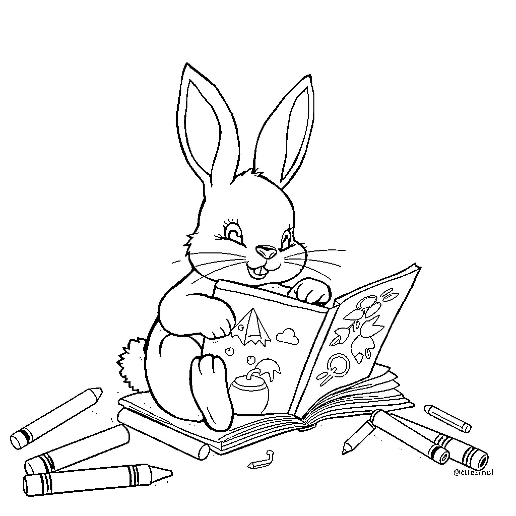 Bunny reading book and drawing in sketchpad Coloring Page (free black-and-white line drawing printable PDF for all, from beginners to advanced learners, including children, teens, adults, and seniors)