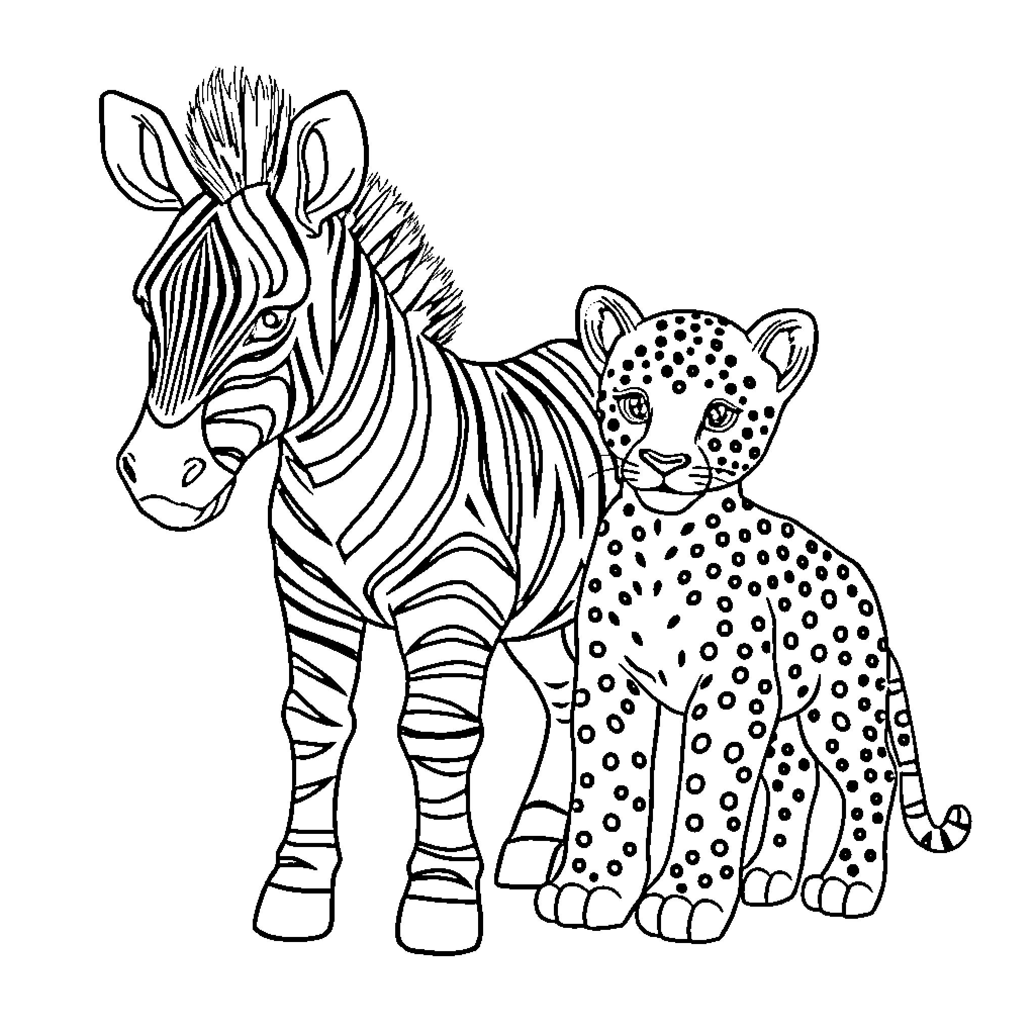 Zebra and Leopard Cub in Sketch Style Coloring Page (free black-and-white line drawing printable PDF for all, from beginners to advanced learners, including children, teens, adults, and seniors)