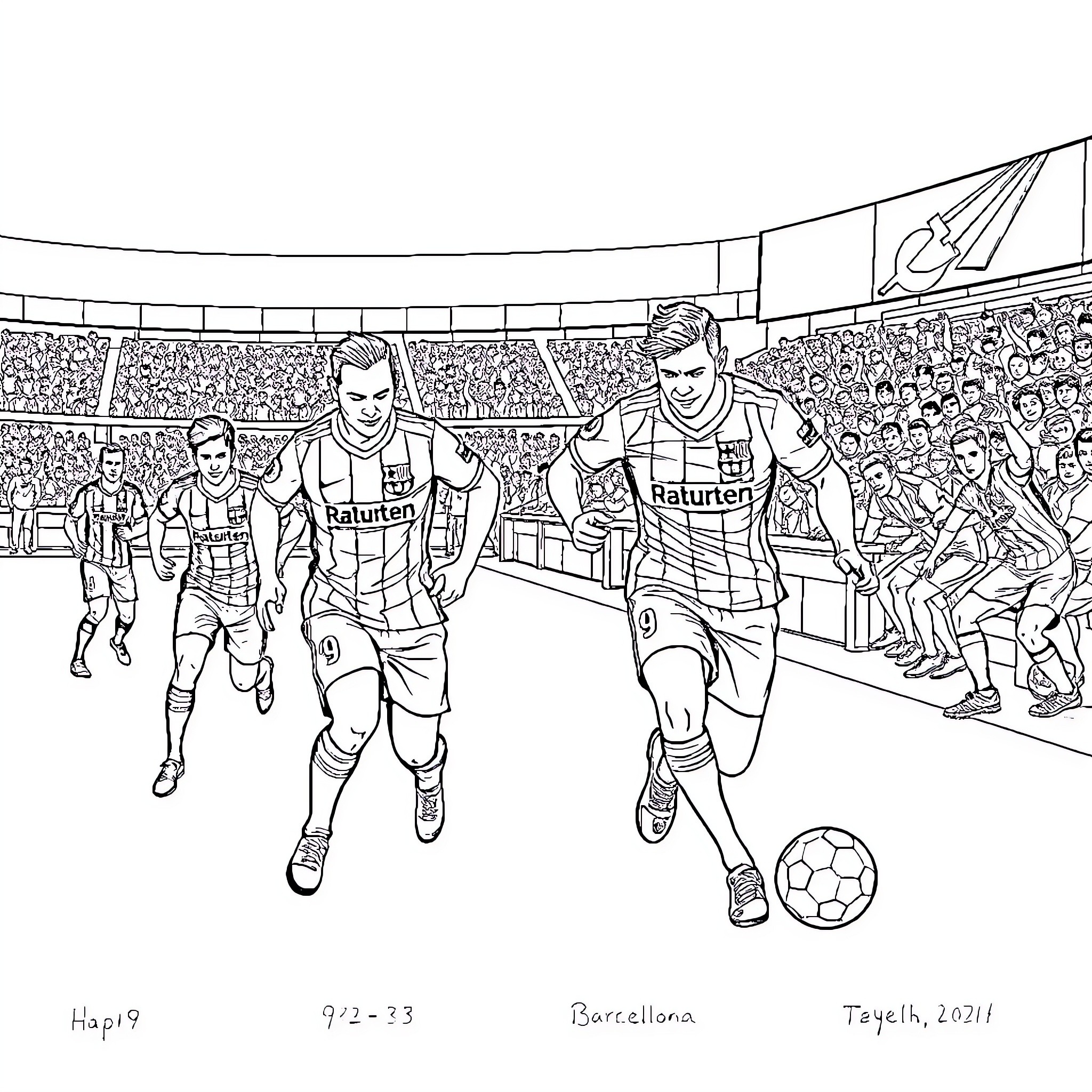 Barcelona SC Players in Action on the Soccer Field Coloring Page (free black-and-white line drawing printable PDF for all, from beginners to advanced learners, including children, teens, adults, and seniors)