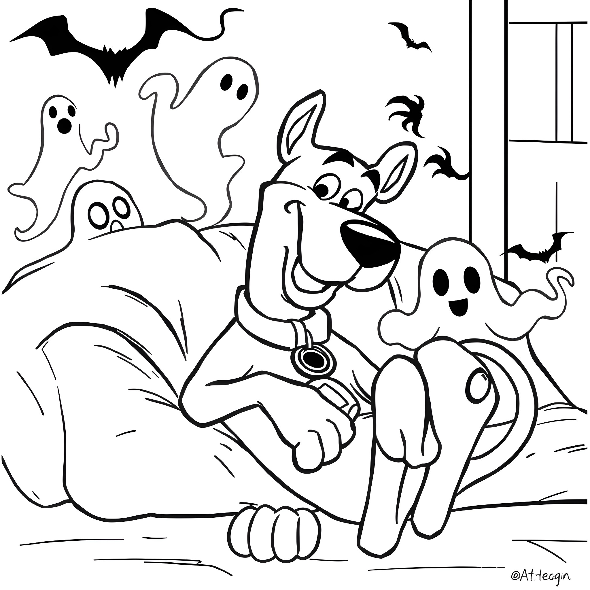 Scooby Doo and Friends on a Spooky Adventure Coloring Page (free black-and-white line drawing printable PDF for all, from beginners to advanced learners, including children, teens, adults, and seniors)