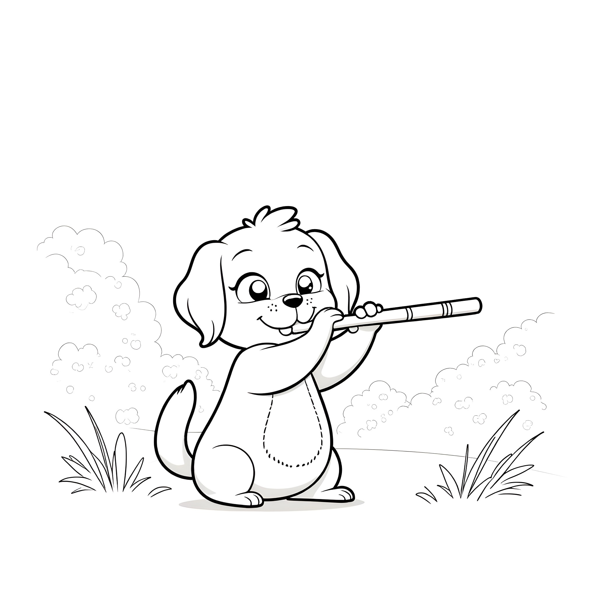 Bluey playing with a stick in the field Coloring Page (free black-and-white line drawing printable PDF for all, from beginners to advanced learners, including children, teens, adults, and seniors)