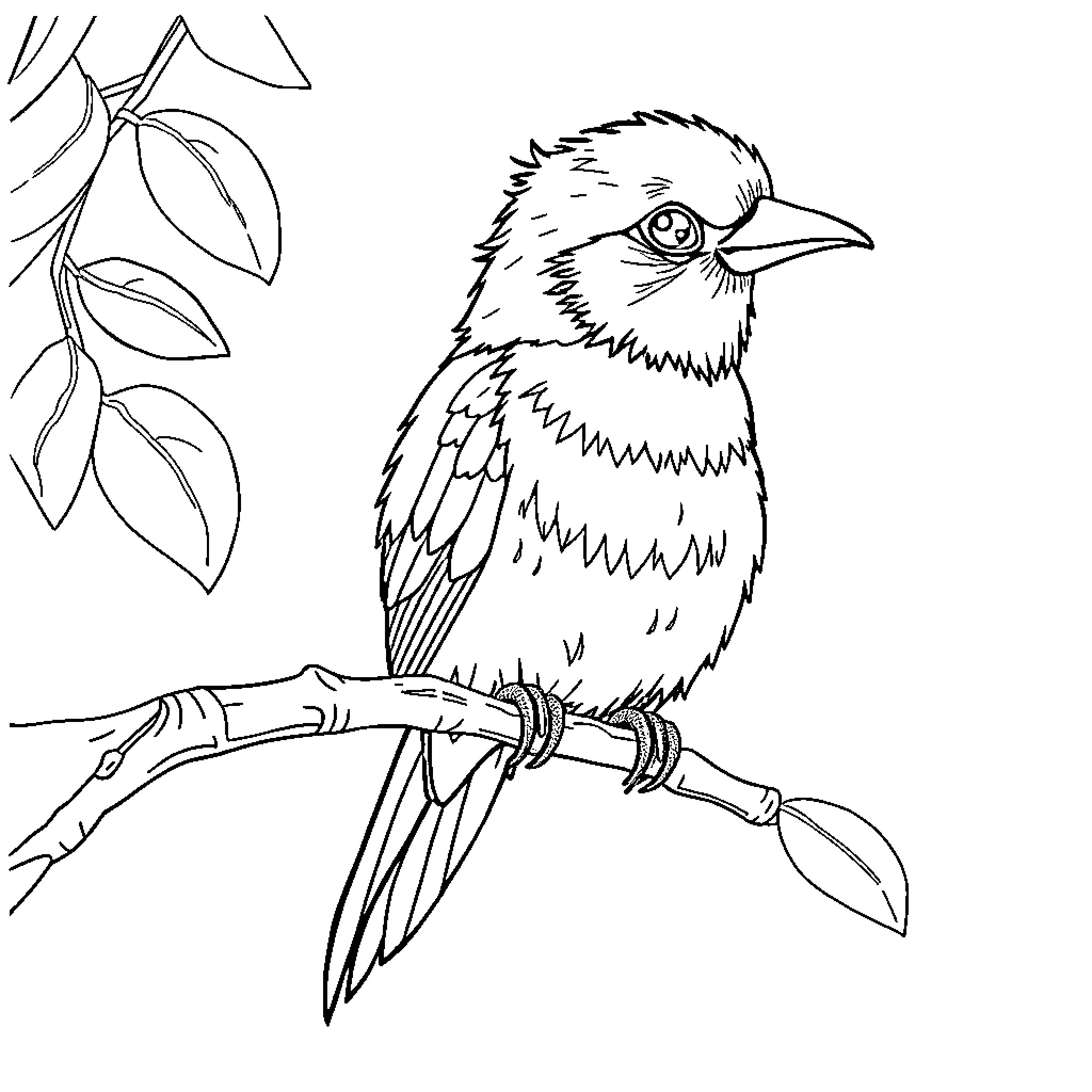Barbie bird perching on tree branch Coloring Page (free black-and-white line drawing printable PDF for all, from beginners to advanced learners, including children, teens, adults, and seniors)