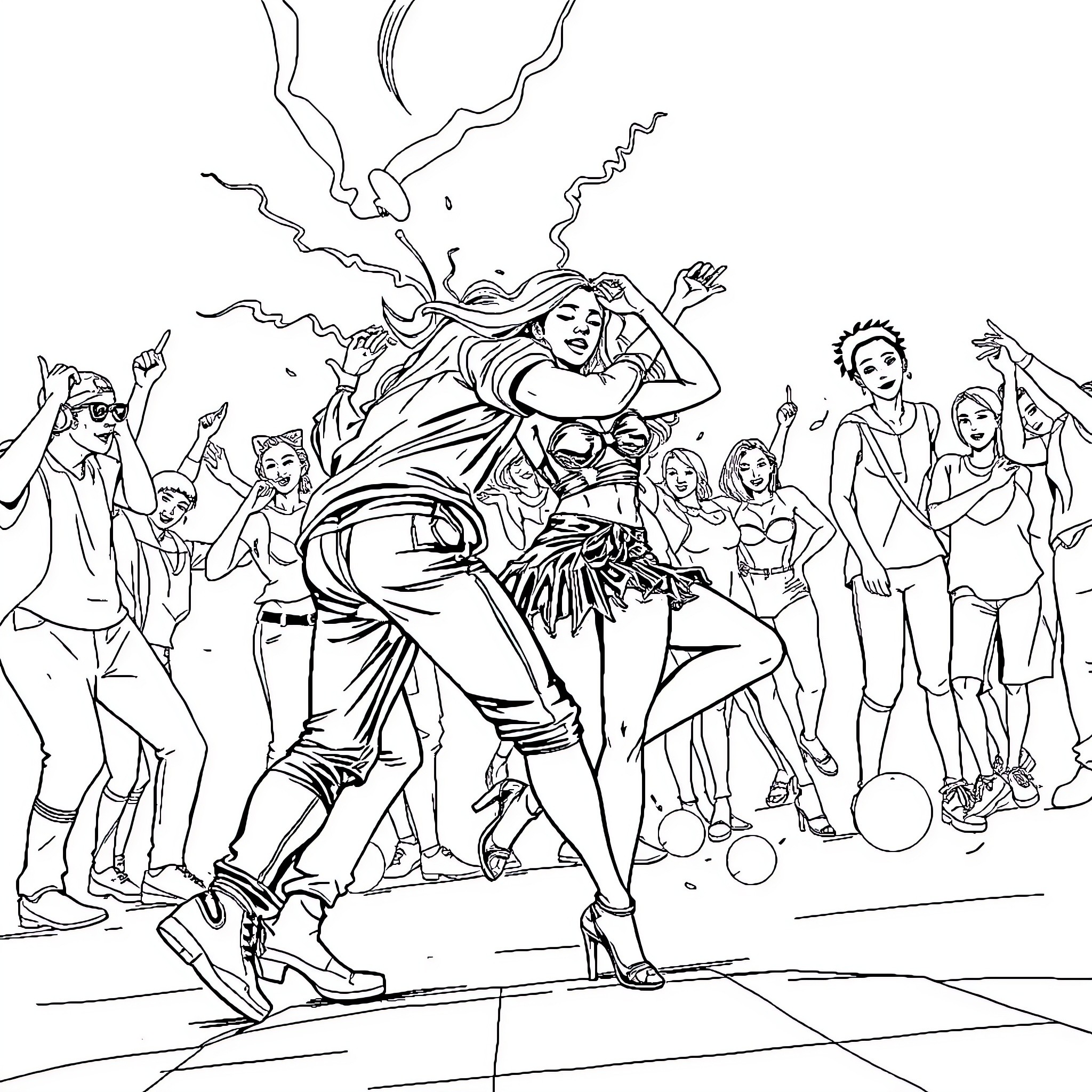 Flash Mob of Energetic Dancers in Action Coloring Page (free black-and-white line drawing printable PDF for all, from beginners to advanced learners, including children, teens, adults, and seniors)