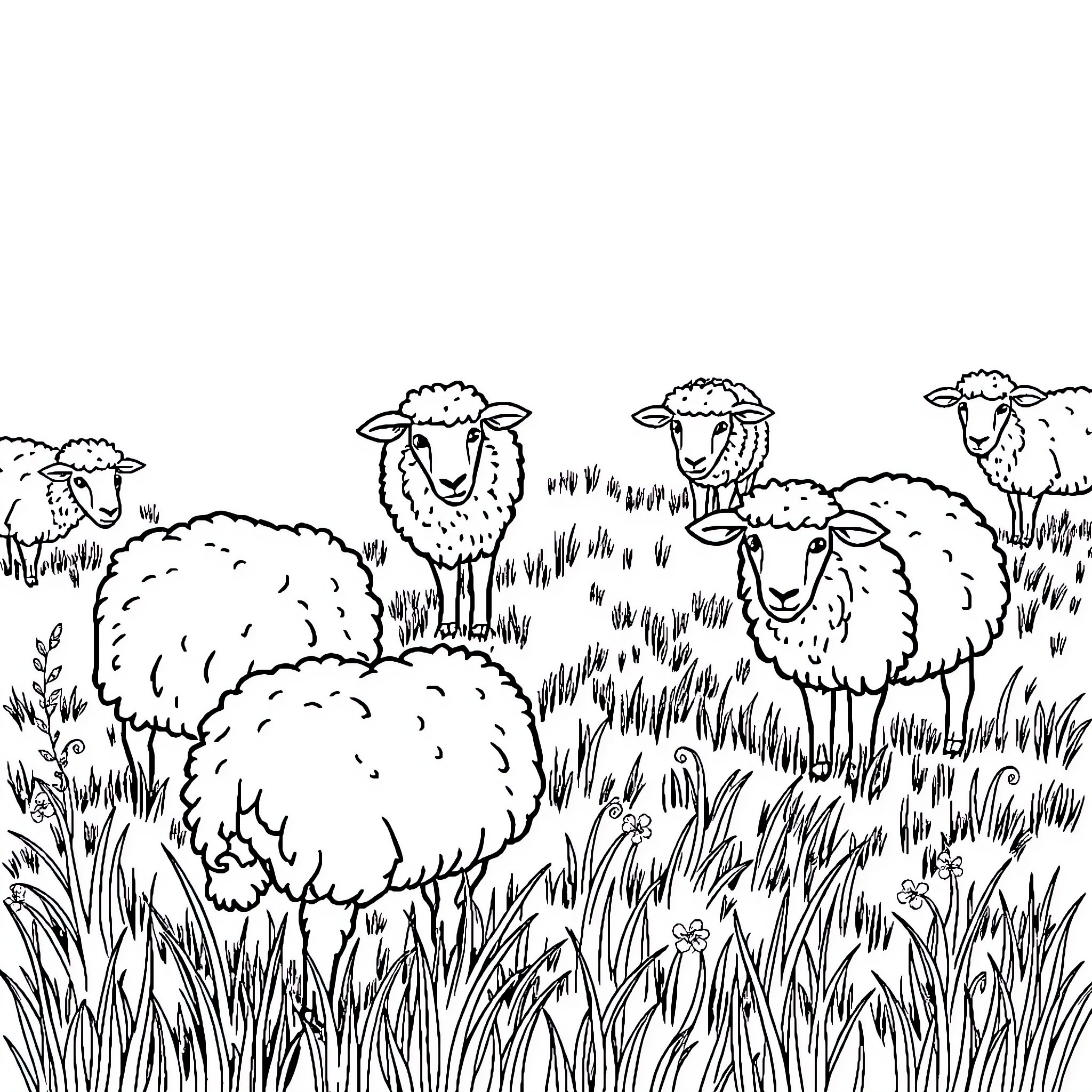 Sheep grazing peacefully in a grassy field Coloring Page (free black-and-white line drawing printable PDF for all, from beginners to advanced learners, including children, teens, adults, and seniors)