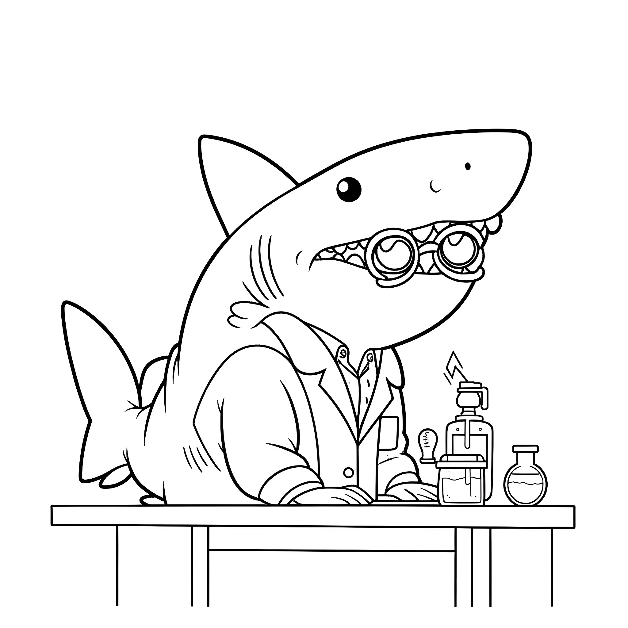 Shark scientist conducting experiments Coloring Page (free black-and-white line drawing printable PDF for all, from beginners to advanced learners, including children, teens, adults, and seniors)