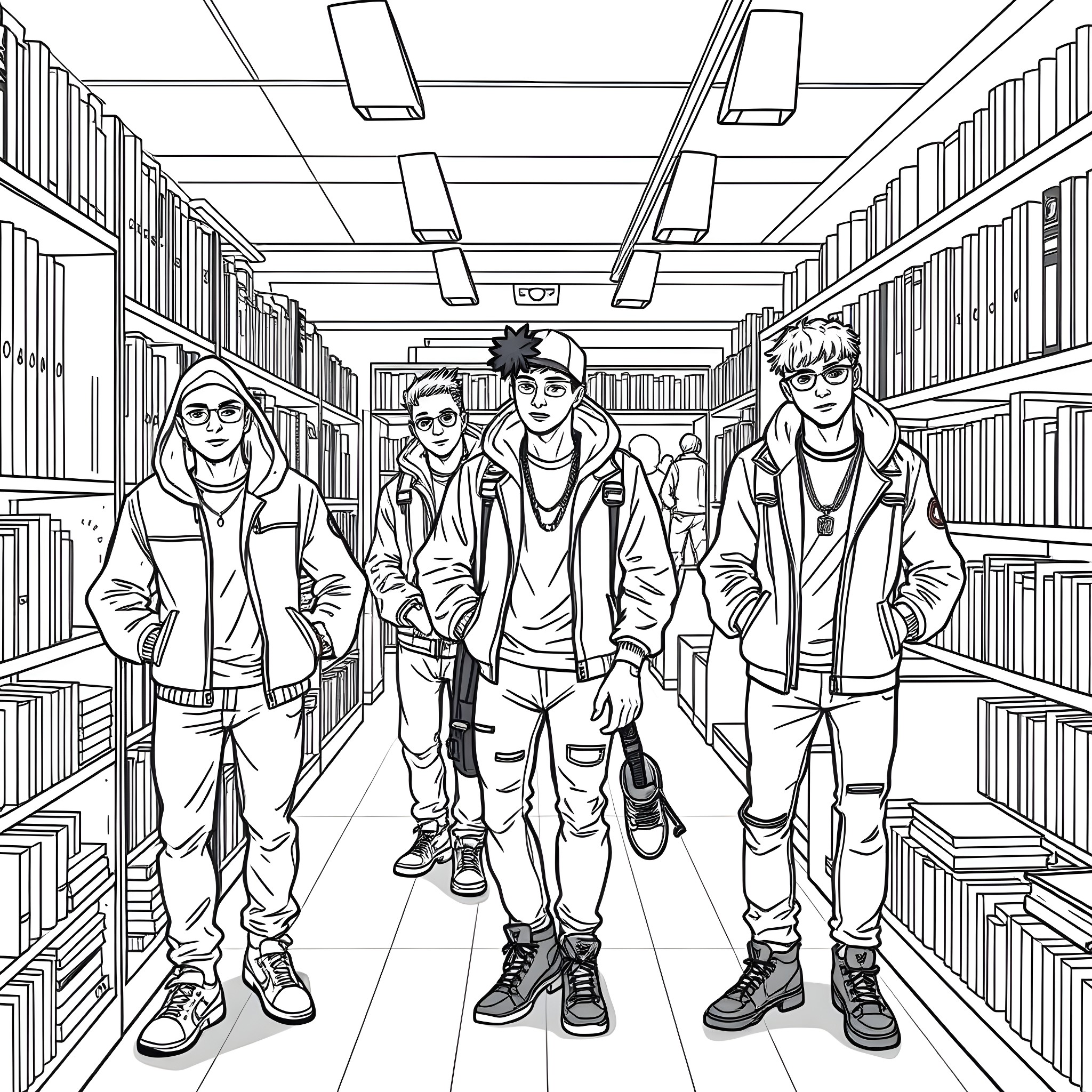 Teen Guys Exploring the Library Shelves Coloring Page (free black-and-white line drawing printable PDF for all, from beginners to advanced learners, including children, teens, adults, and seniors)