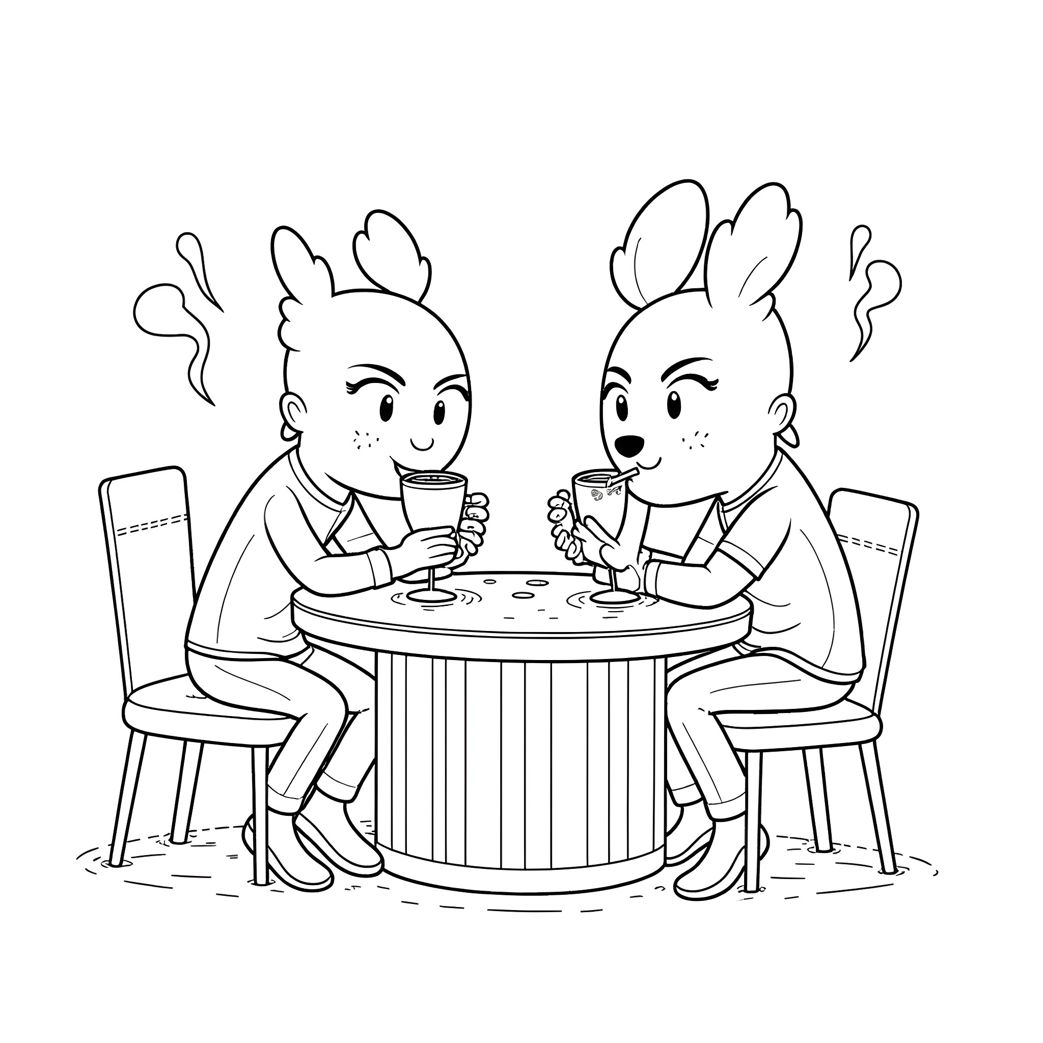 Brainrot: Bunnies having a lively discussion over drinks Coloring Page (free black-and-white line drawing printable PDF for all, from beginners to advanced learners, including children, teens, adults, and seniors)