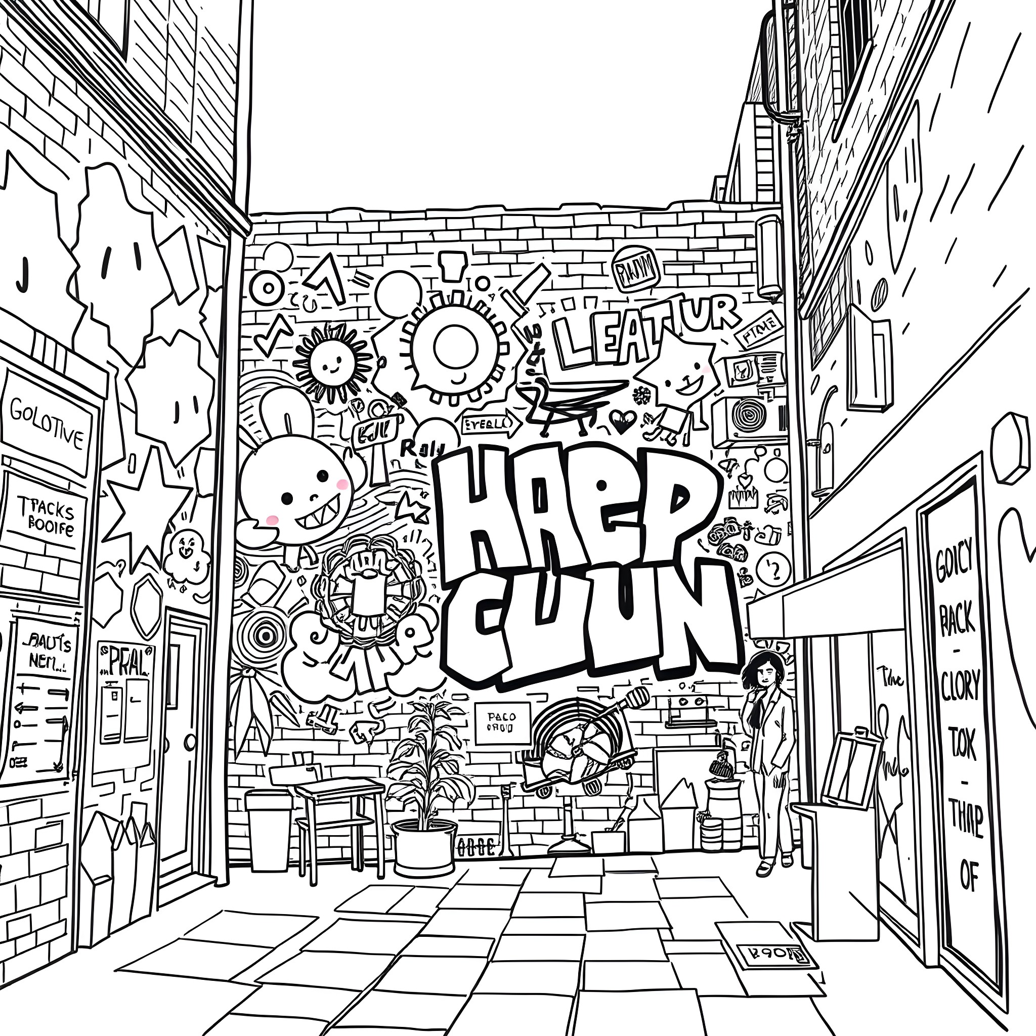 Graffiti-filled street scene with distinctive characters and text Coloring Page (free black-and-white line drawing printable PDF for all, from beginners to advanced learners, including children, teens, adults, and seniors)