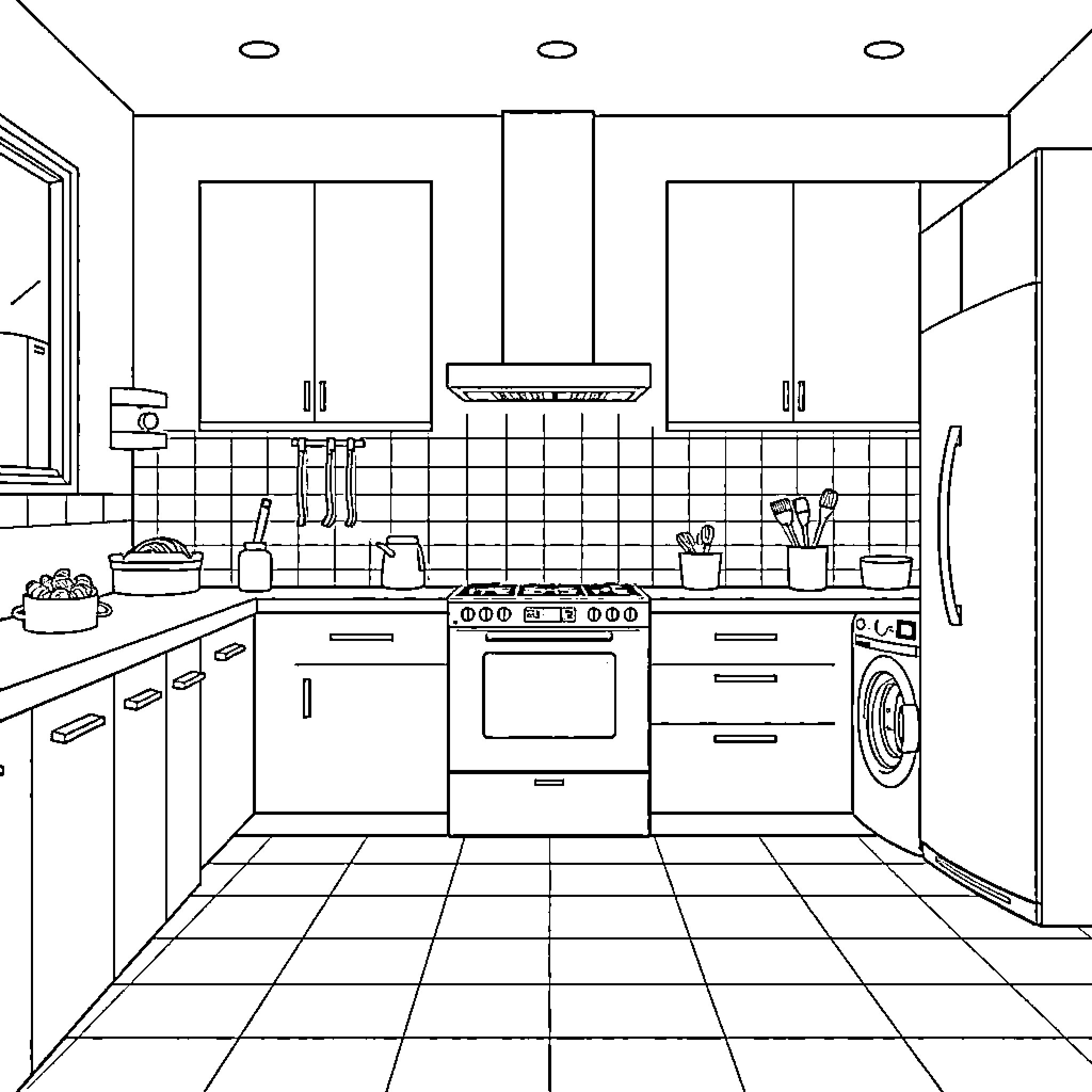 Cocina with cooking appliances and household items Coloring Page (free black-and-white line drawing printable PDF for all, from beginners to advanced learners, including children, teens, adults, and seniors)